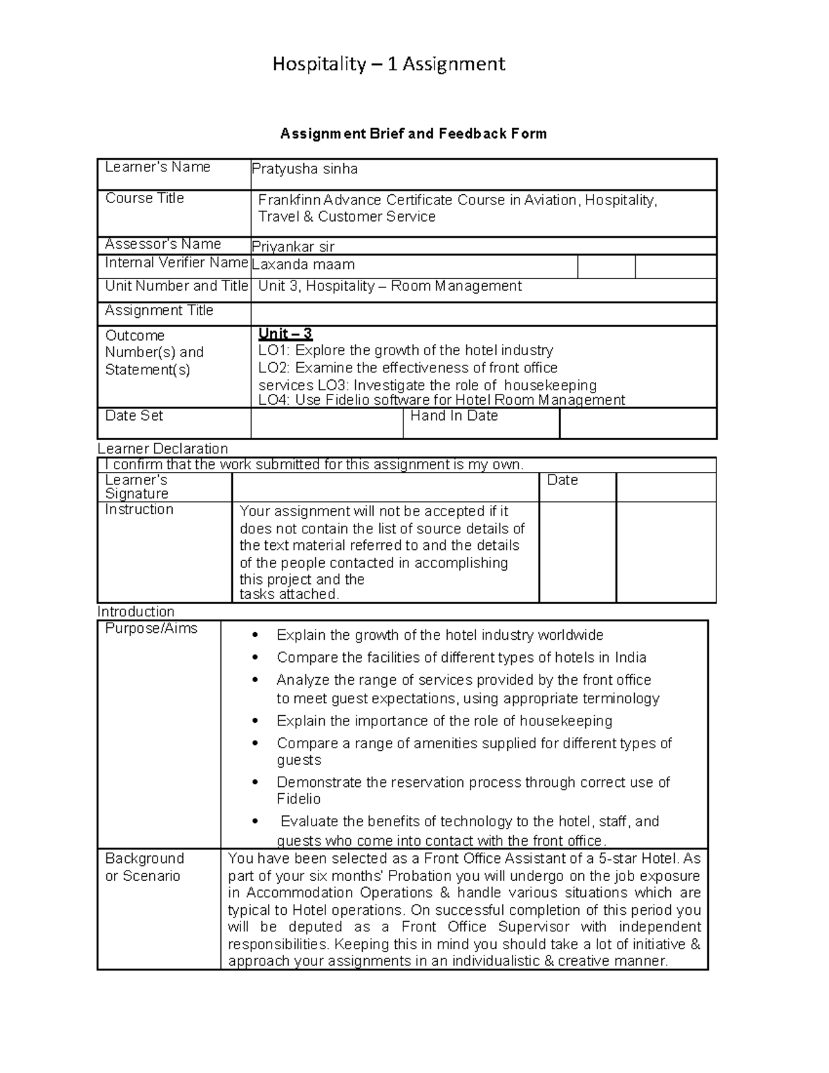 Hotel Management - Hospitality And Reservation (acah6)-1 - Assignment 