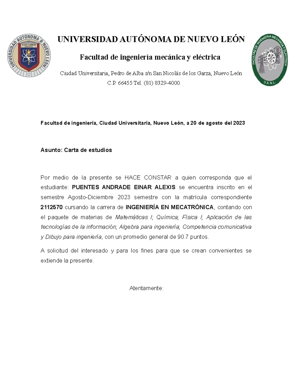 Carta de estudios - Actividad de uso de Word - UNIVERSIDAD AUTÓNOMA DE