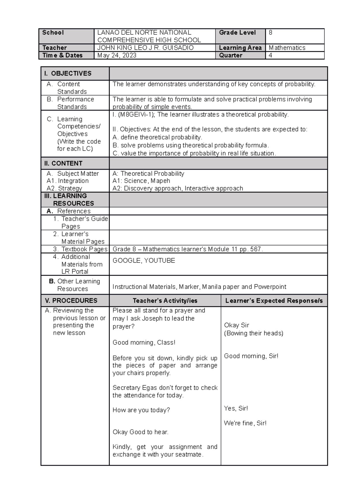 Theoretical Probability Lesson Plan - School LANAO DEL NORTE NATIONAL ...