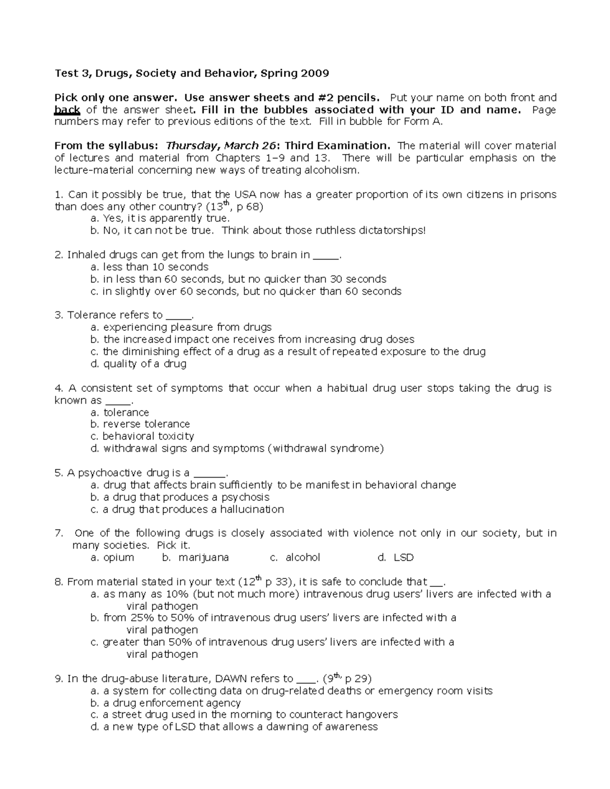 3 Spring 2009 - back exams - Test 3, Drugs, Society and Behavior ...