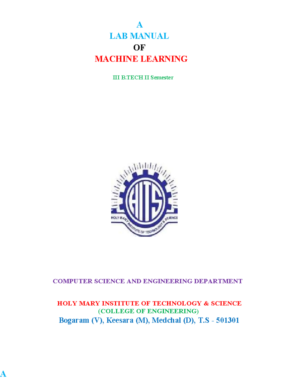Cover PAGE OF CN good A LAB MANUAL OF MACHINE LEARNING III B II