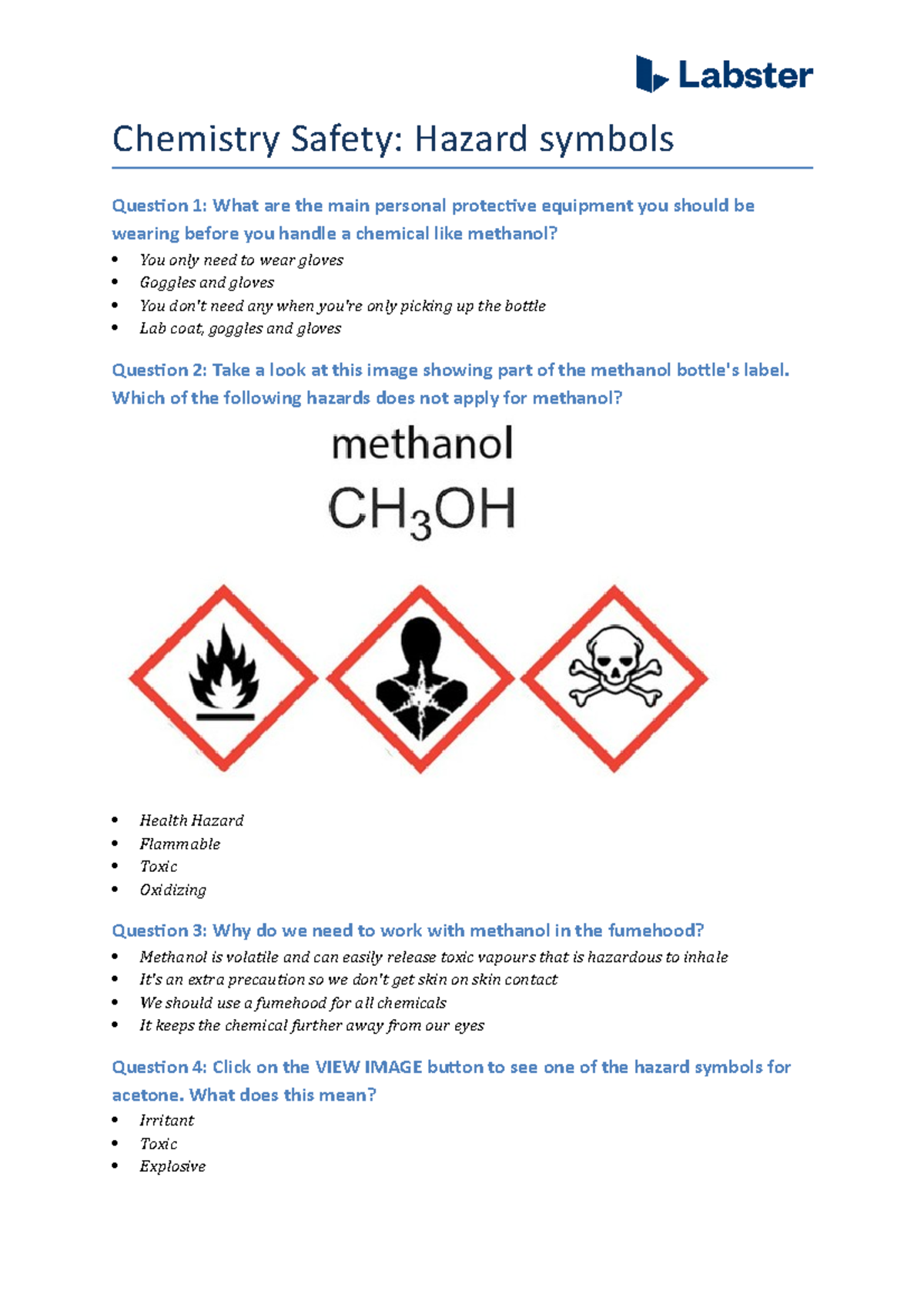 (Questionschemistrysafetyhazardsymbols Chemistry Safety Hazard