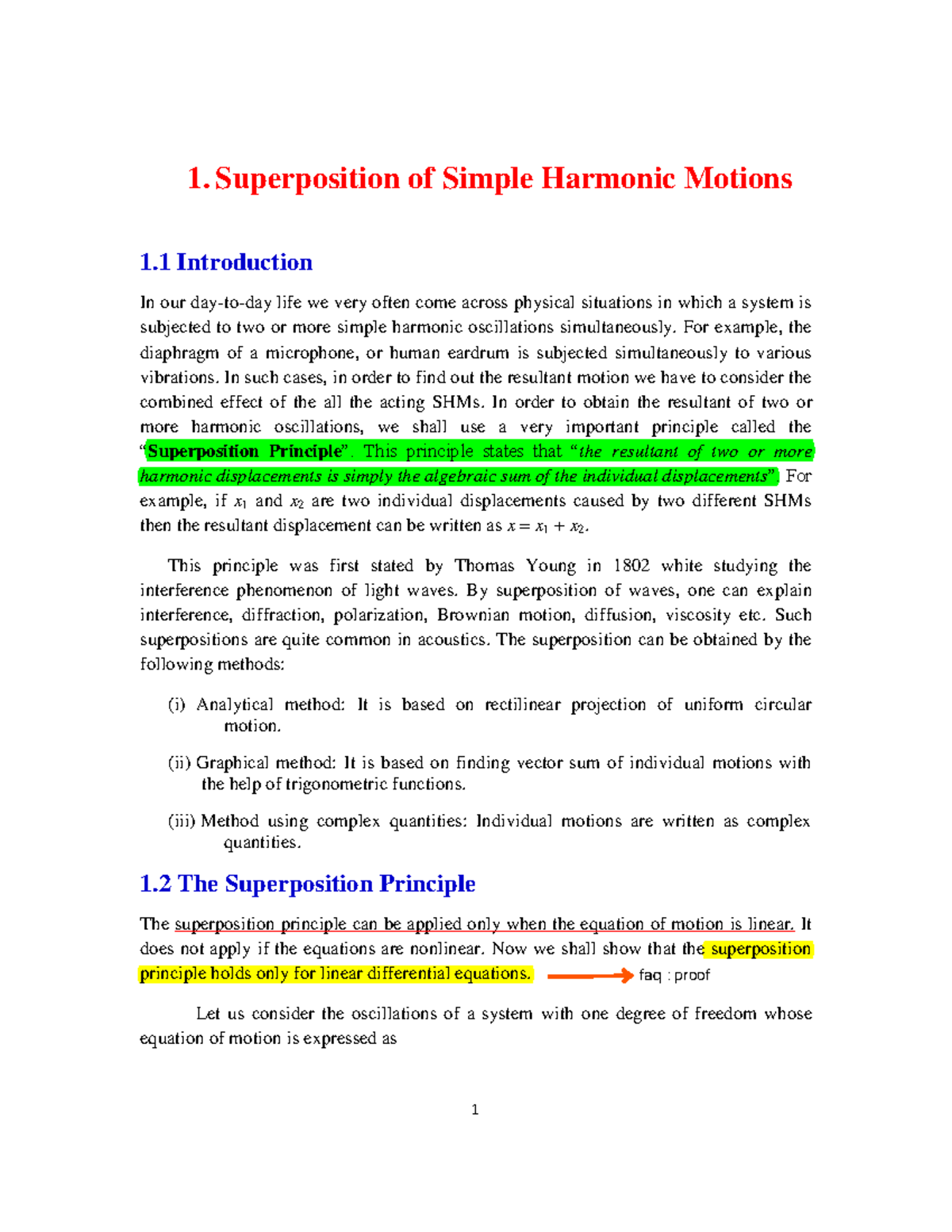 1. Superposition SHMs - 1. Superposition of Simple Harmonic Motions 1 ...