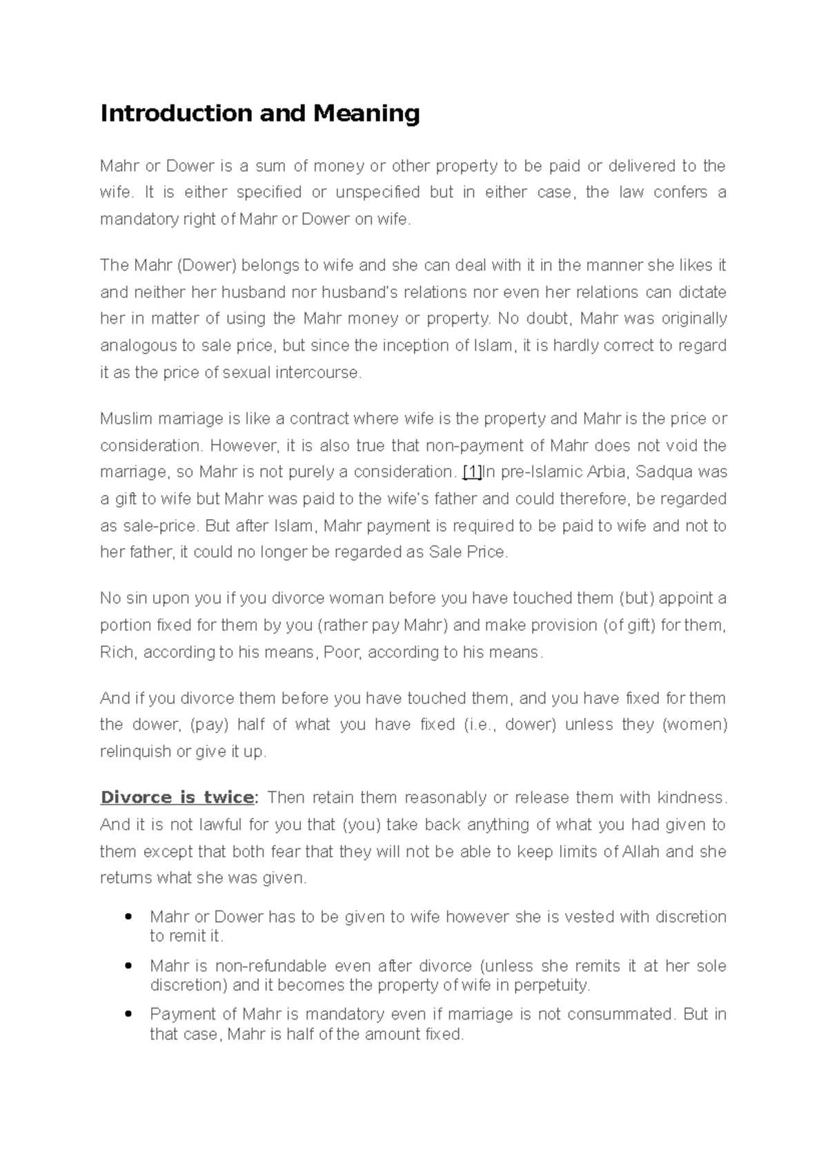 What is Dower and Mahr. Introduction and Meaning Mahr or Dower is a