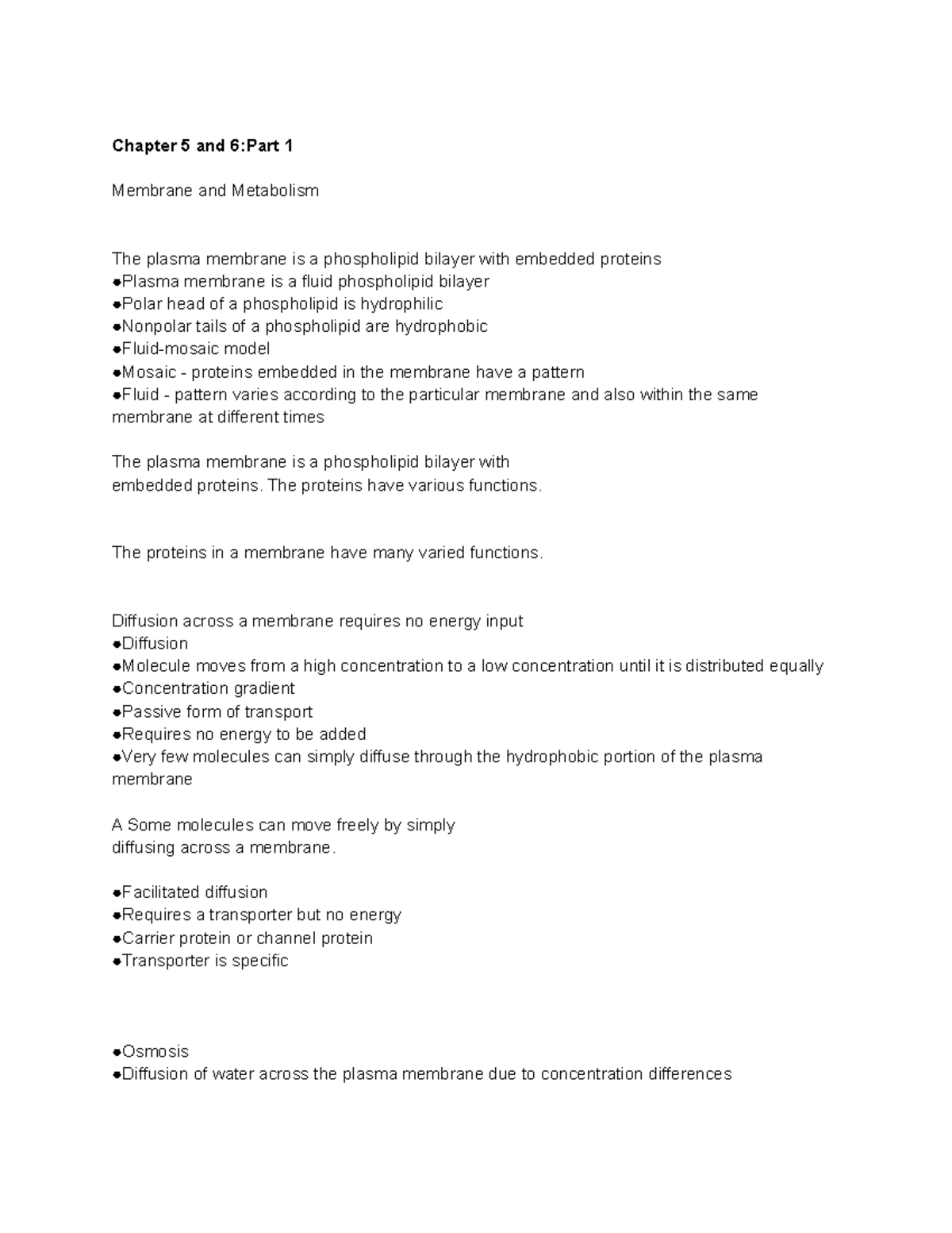 Biology chapter 5-6 - Chapter 5 and 6:Part 1 Membrane and Metabolism ...