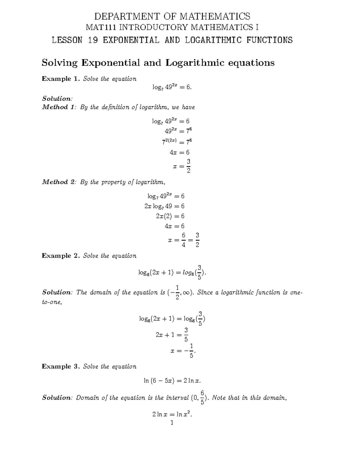 MAT111 Lesson 19 - DEPARTMENT OF MATHEMATICS MAT111 INTRODUCTORY ...