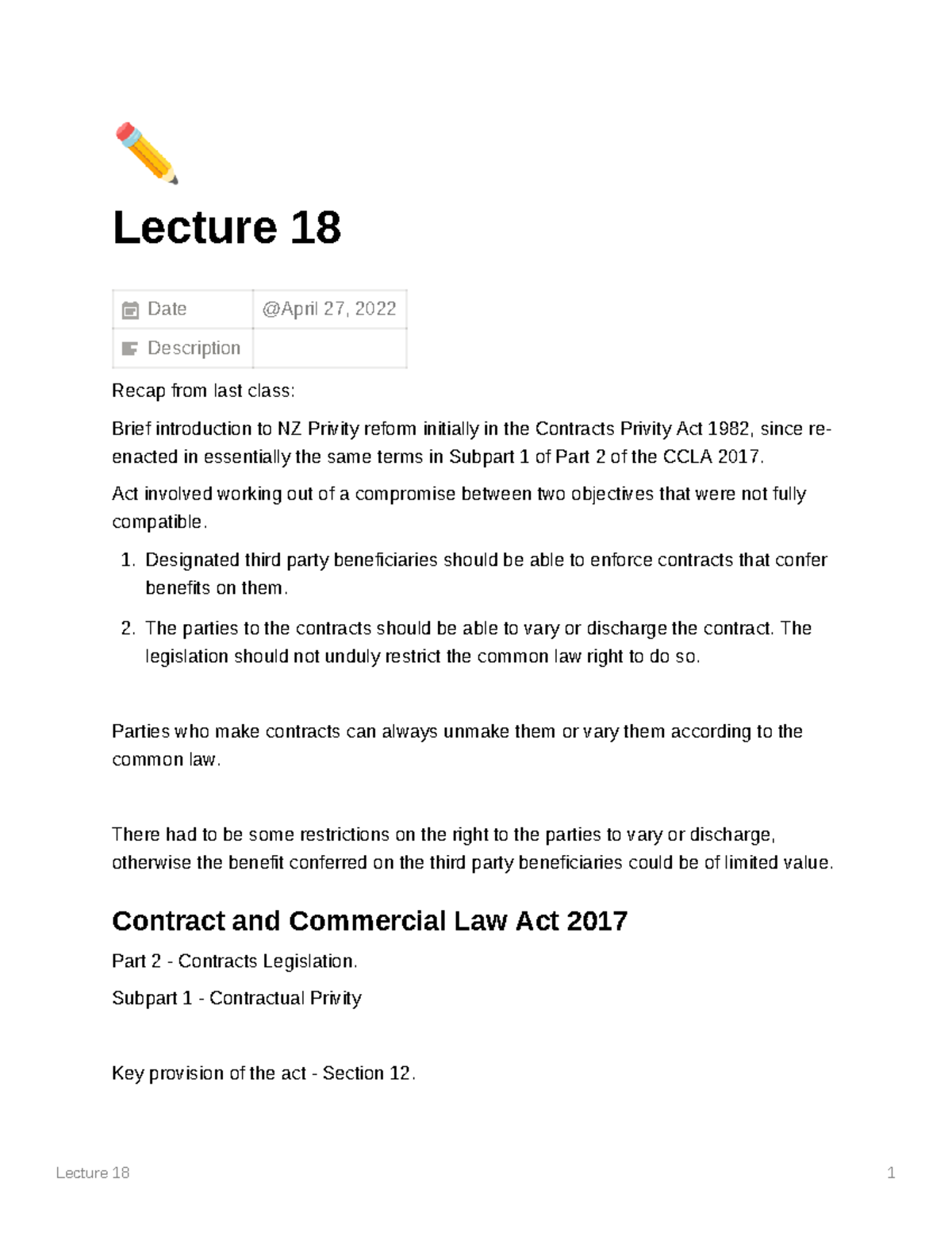 Lecture 18 Summary - Lecture 18 1 Lecture 18 Date Description Recap ...