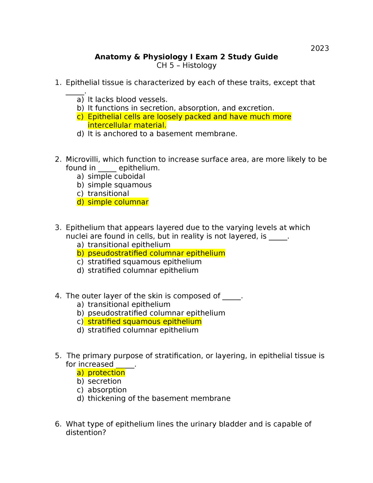 Anatomy & Physiology I Exam 2 Review (Ch 5) BSC 2085 MDC 2023 - 2023 ...