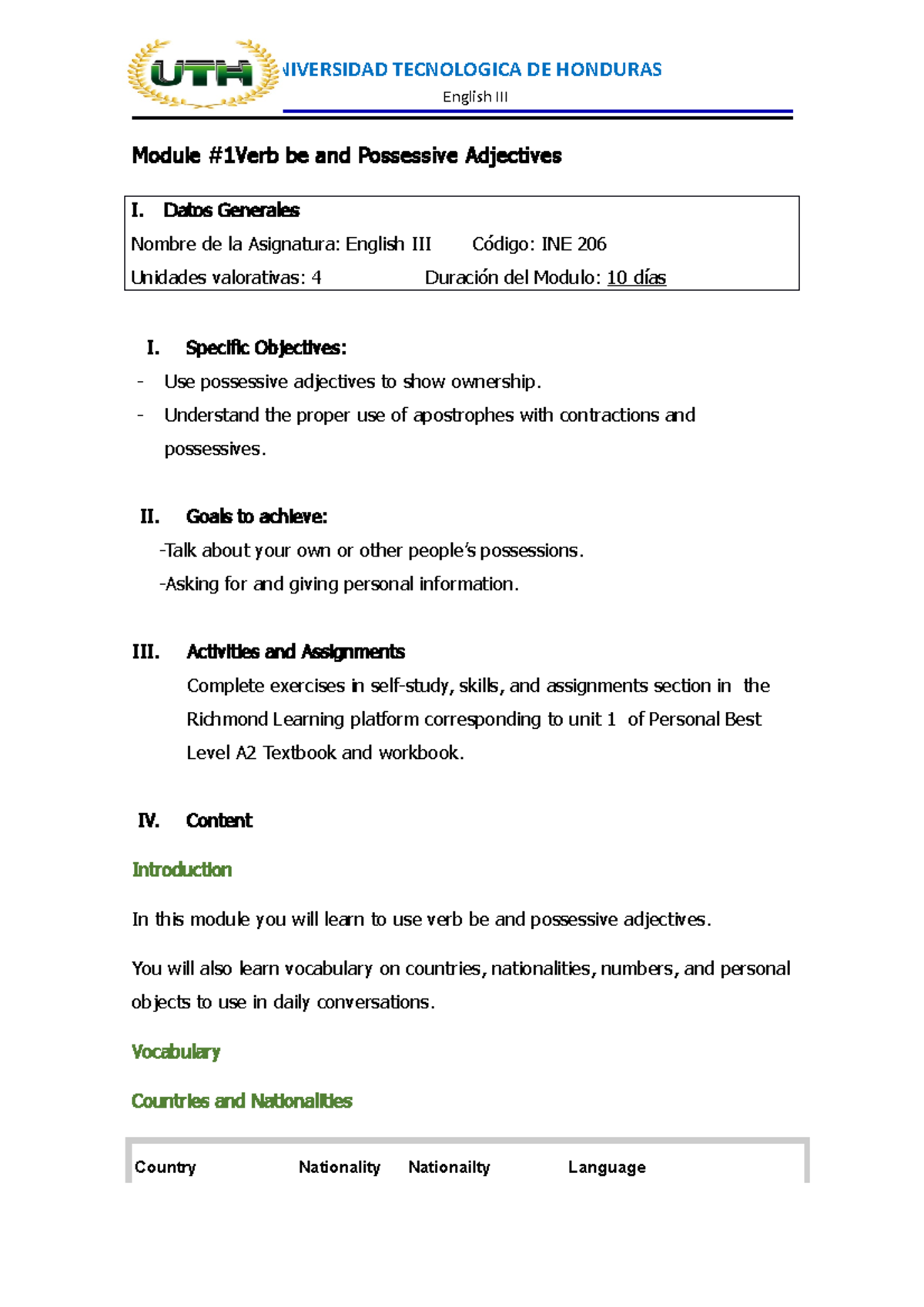 English Iii Module 1 Verb Be Possessive Adjectives English Iii Module