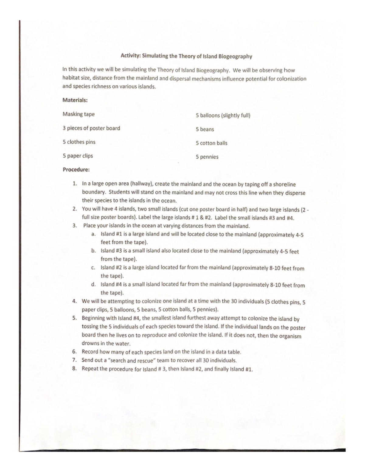 Copy of Activity Simulating the Theory of Island Biogeography ENVR