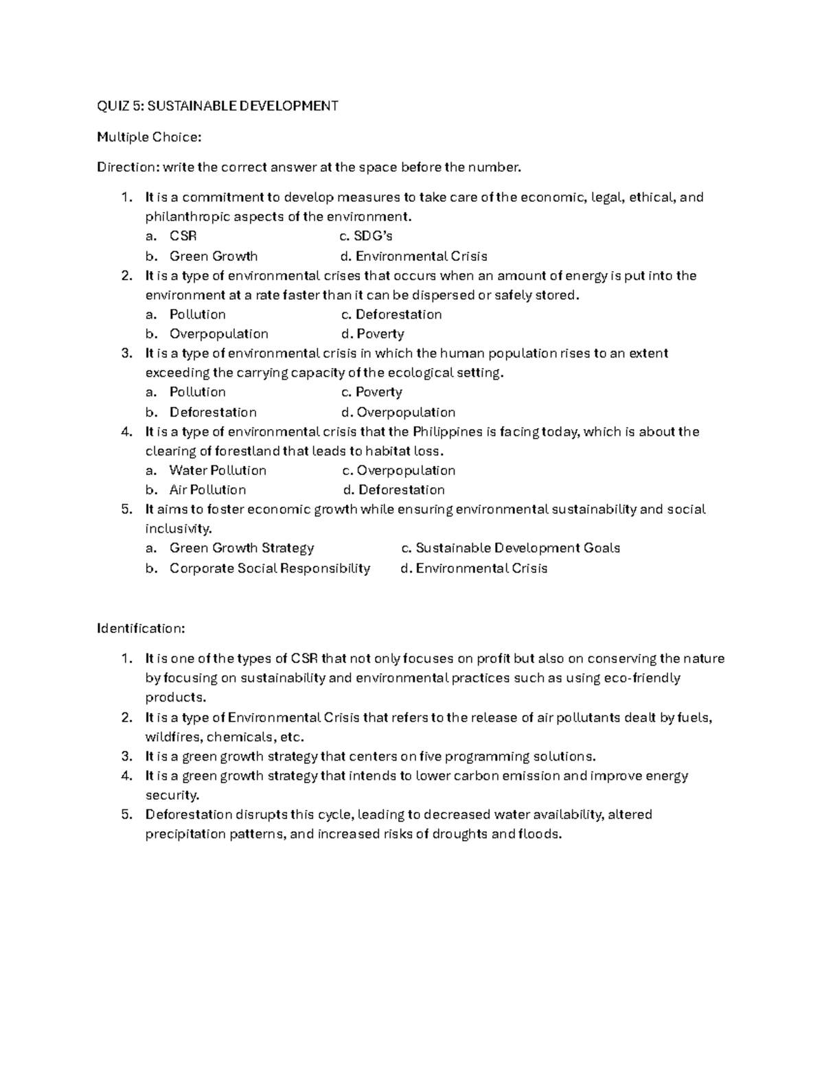 Economic developmentsustainabledevelopment QUIZ Group 5 QUIZ 5 SUSTAINABLE DEVELOPMENT