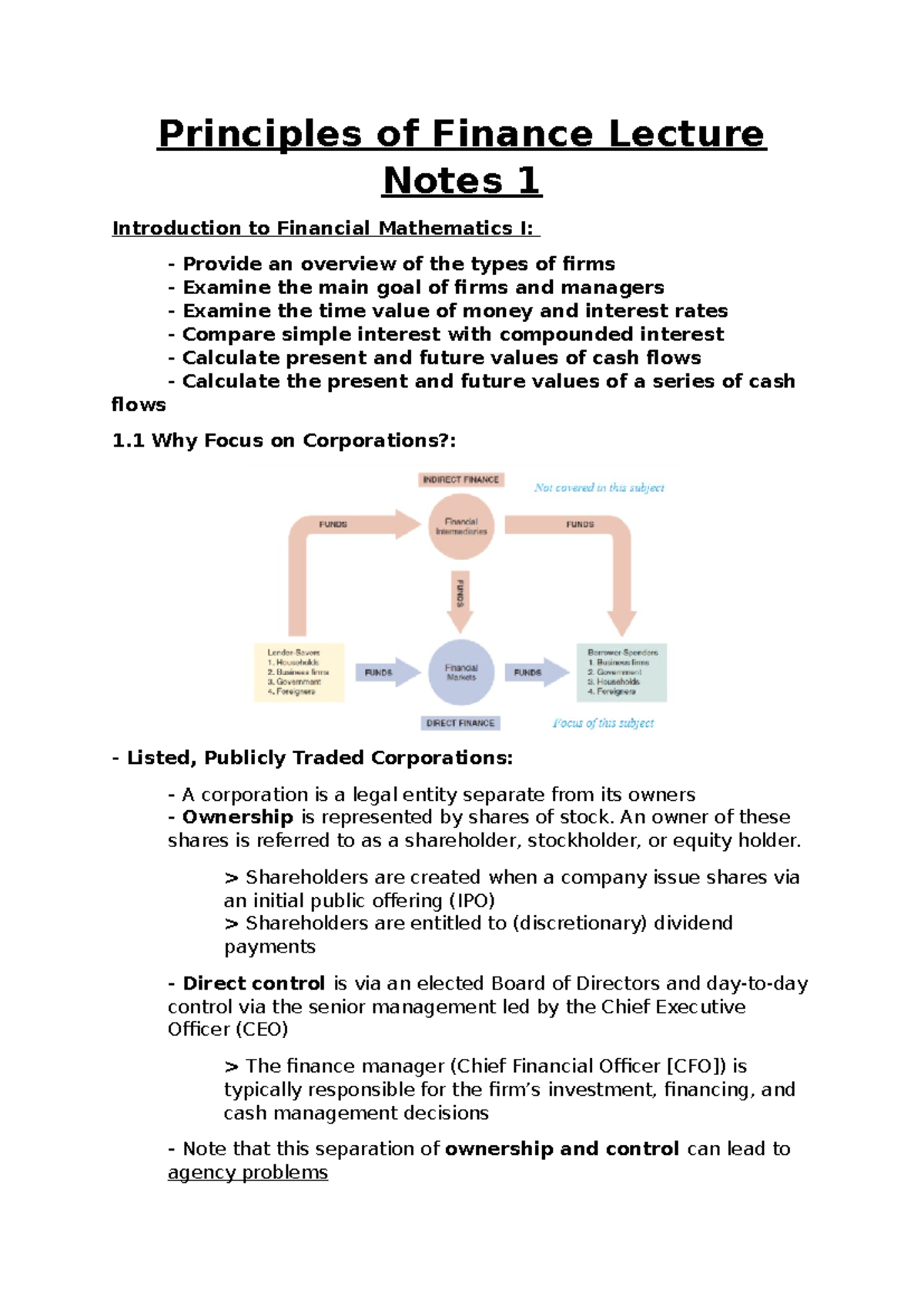 FNCE10002 Lecture 1 Notes - Principles of Finance Lecture Notes 1 ...
