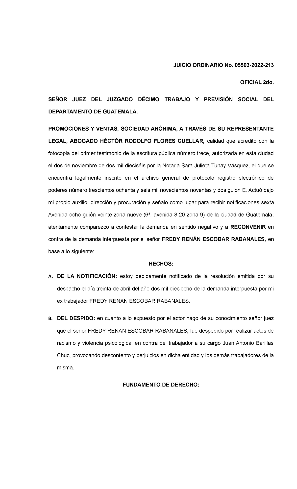 Reconvención - JUICIO ORDINARIO No. 05503-2022- OFICIAL 2do. SEÑOR JUEZ ...