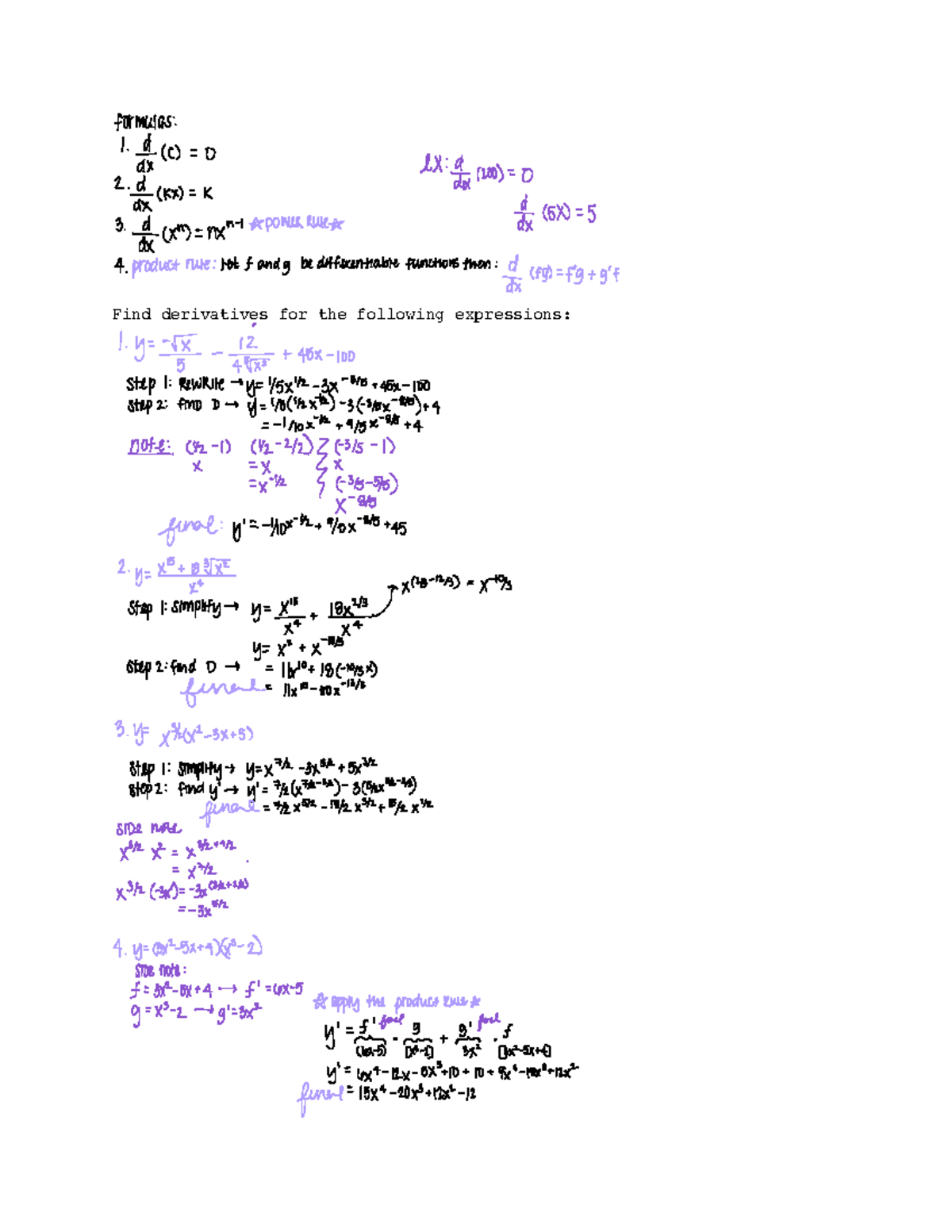 Basic Derivatives and Product Rule - Find derivatives for the following ...