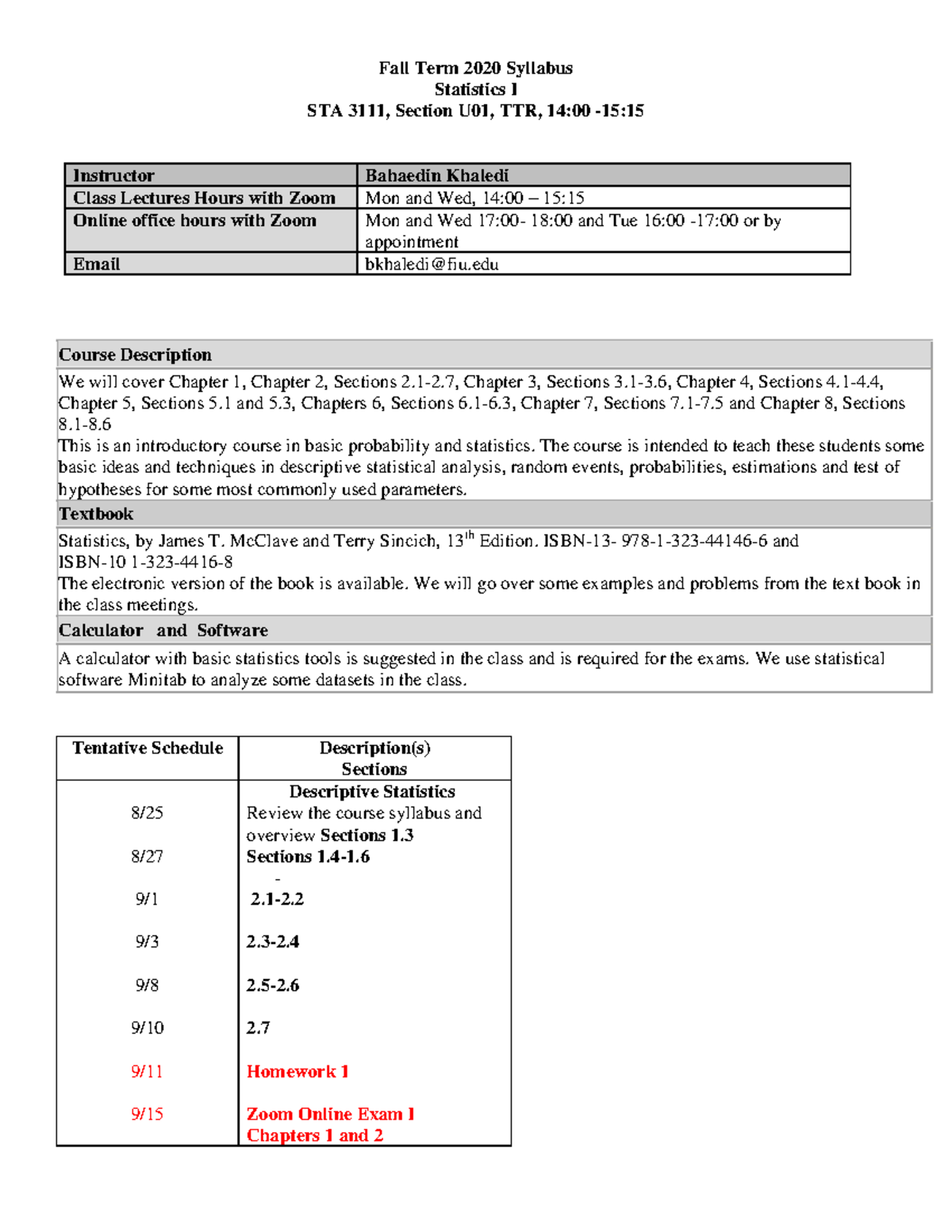 Fall Term 2020 Syllabus - Fall Term 2020 Syllabus Statistics I STA 3111 ...