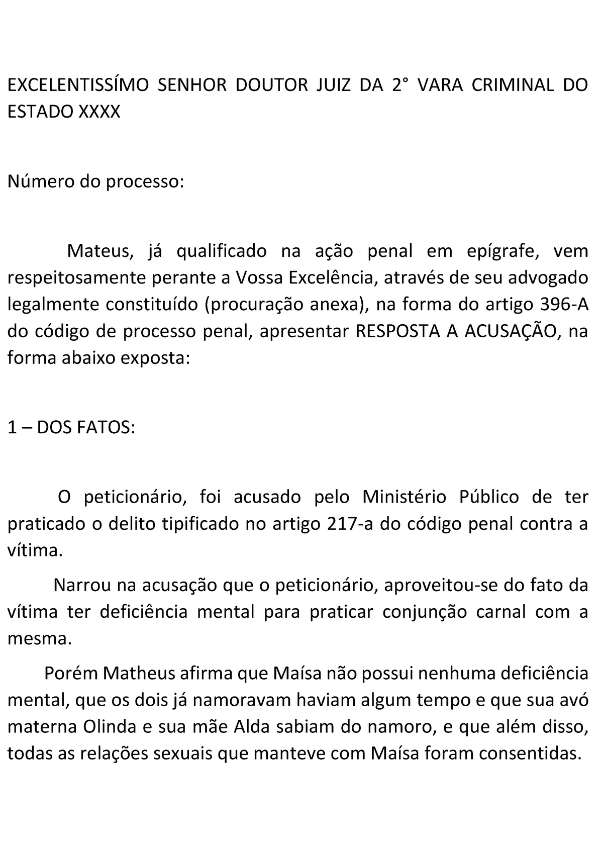 Resposta A Acusação Resolvida ExcelentissÍmo Senhor Doutor Juiz Da 2° Vara Criminal Do Estado 9464