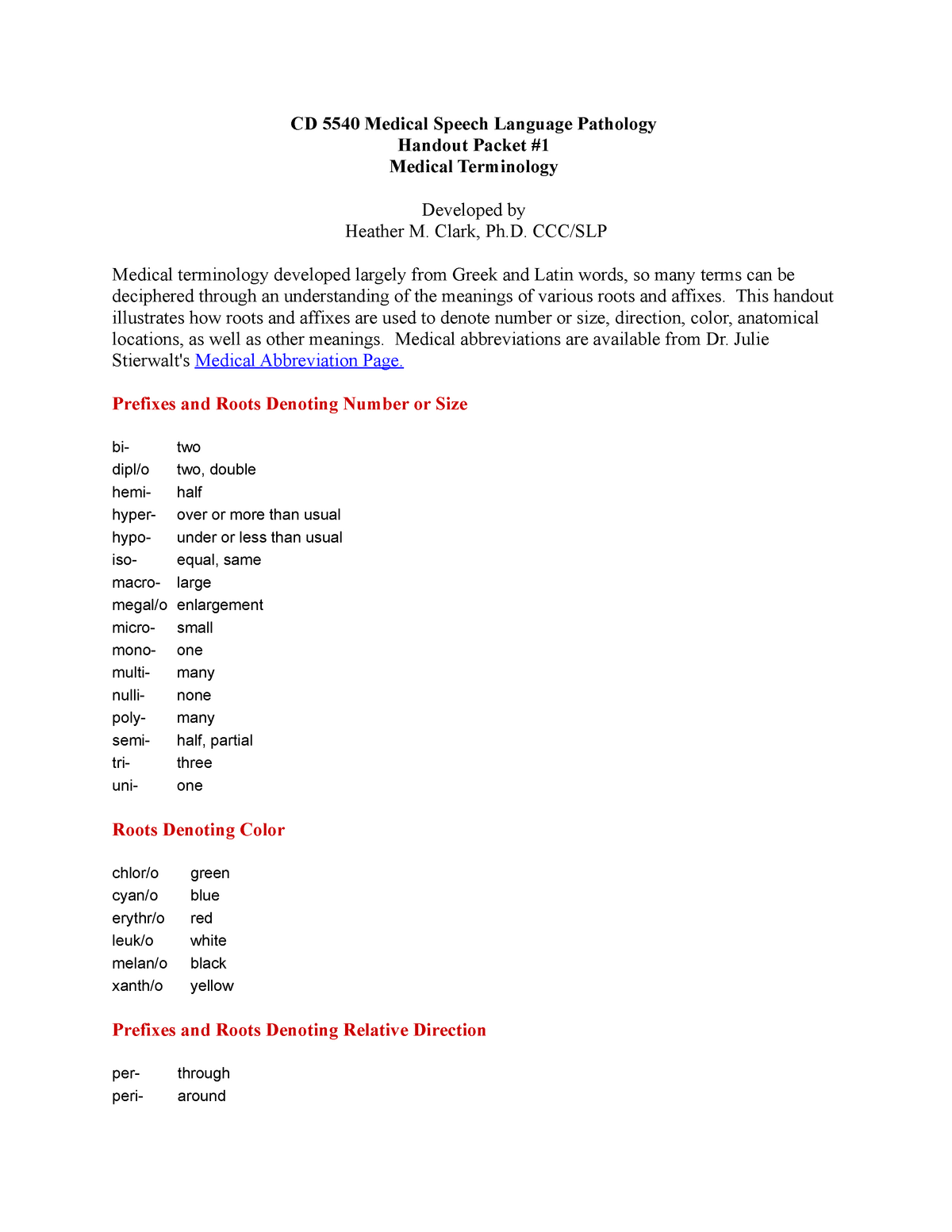 Med terms - Lecture notes 21-21 - CD 55210 Medical Speech Language Within Medical Terminology Abbreviations Worksheet