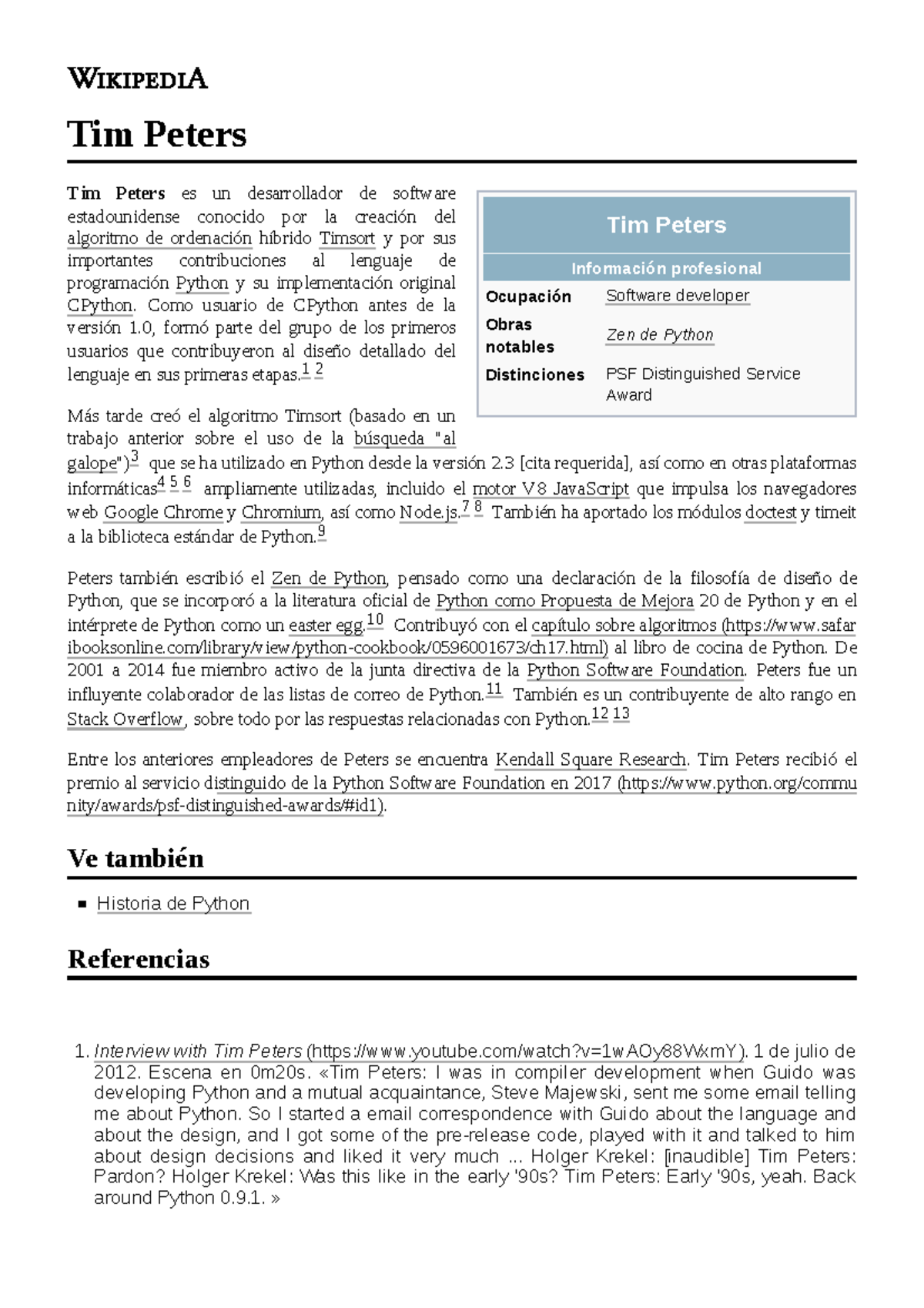 Tim Peters excelente Tim Peters Información profesional Ocupación