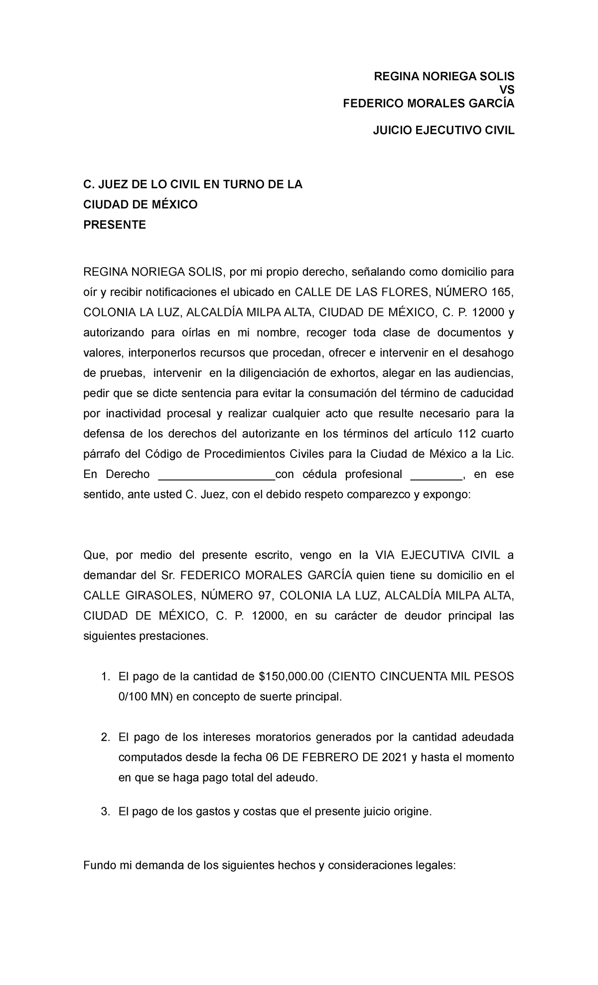 Demanda Juicio Ejecutivo Civil Regina Noriega Solis Vs Federico Morales GarcÍa Juicio 7907