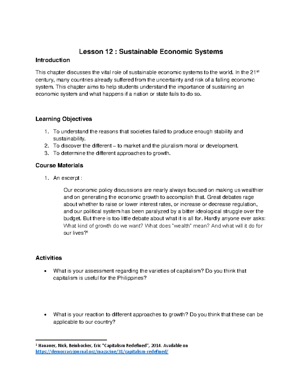 Lesson 12-14 - Lecture notes 12-14 - Lesson 12 : Sustainable Economic ...