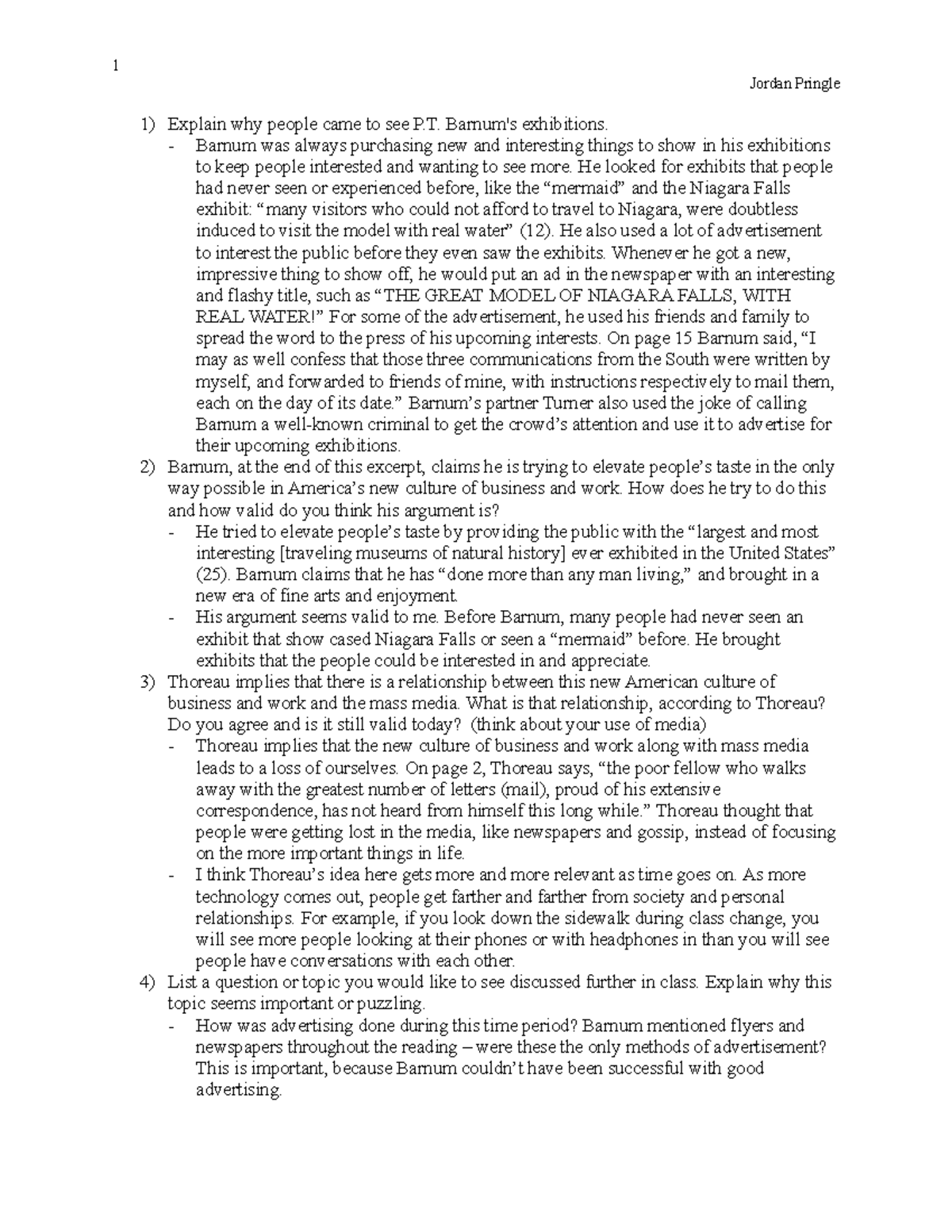 Barnum Questions Weekly reading assignment Dr. Winship 1 Jordan