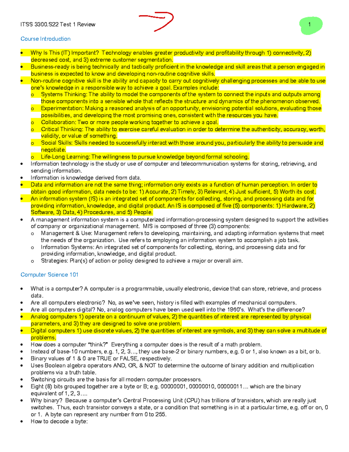 ITSS 3300.S22 Test 1 Review v2 Highlighted 2 ITSS 3300 Test 1