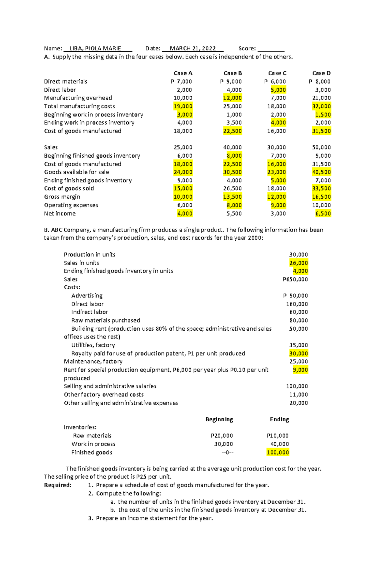 LIBA. Acctg 108 cost and cost classifications - Name: LIBA, PIOLA MARIE ...