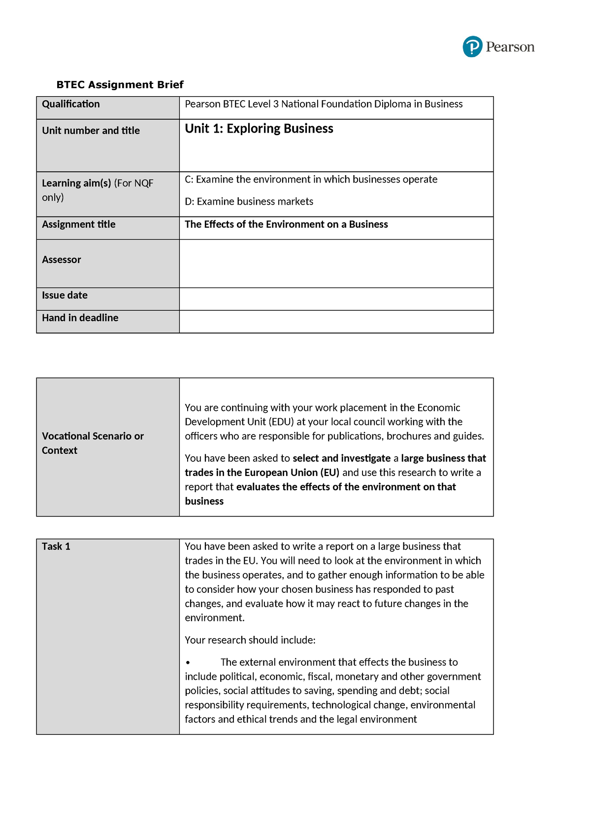 Unit 1 - Exploring Business - Assignment Brief 2 - BTEC Assignment ...