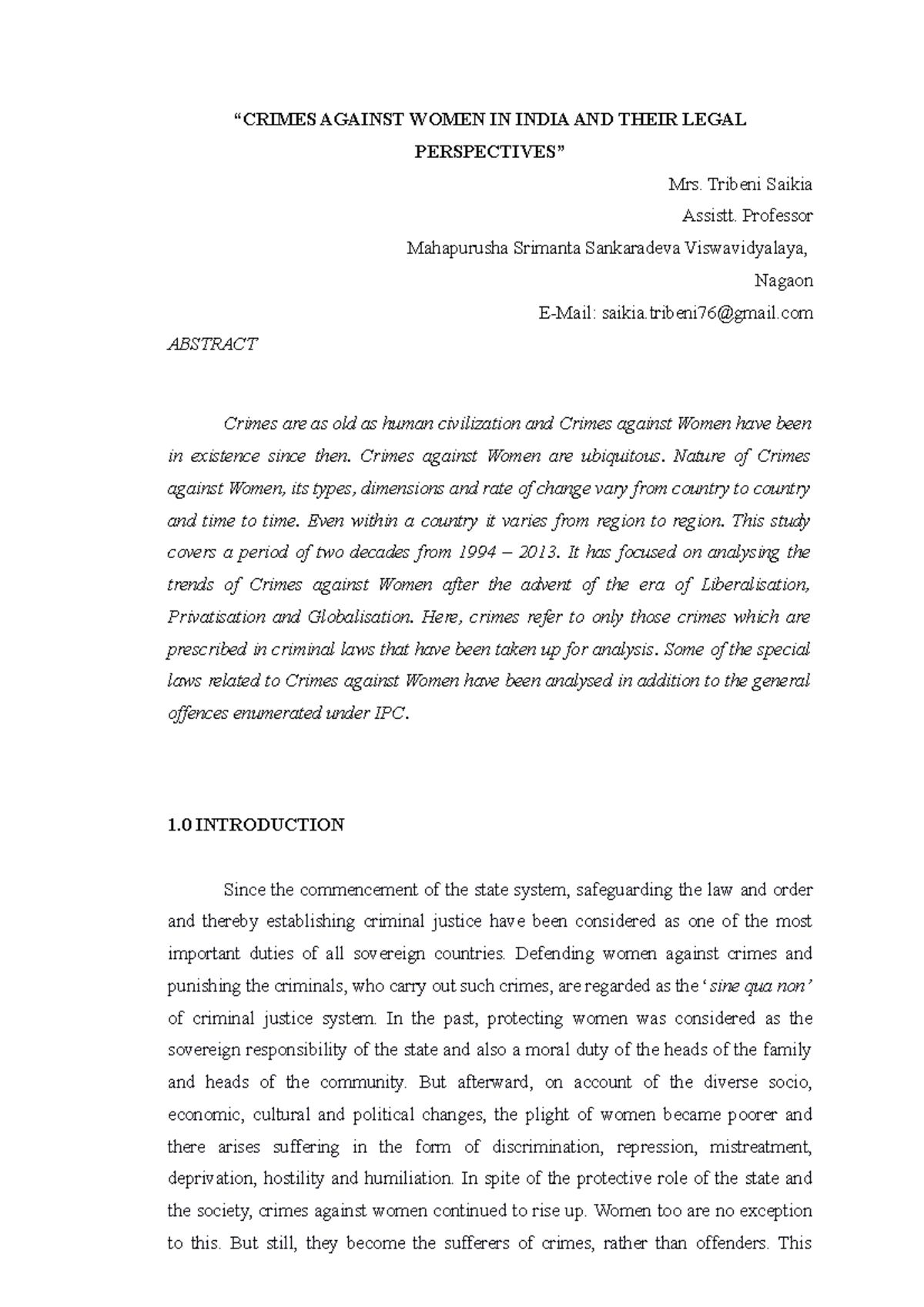 Crimes Against Women IN India AND Their - “CRIMES AGAINST WOMEN IN ...