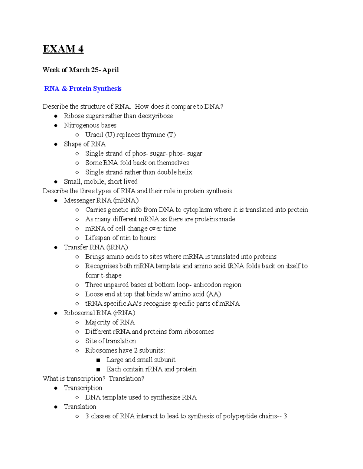 BIO 101 Study Guide Exam 4 - EXAM 4 Week of March 25- April RNA ...