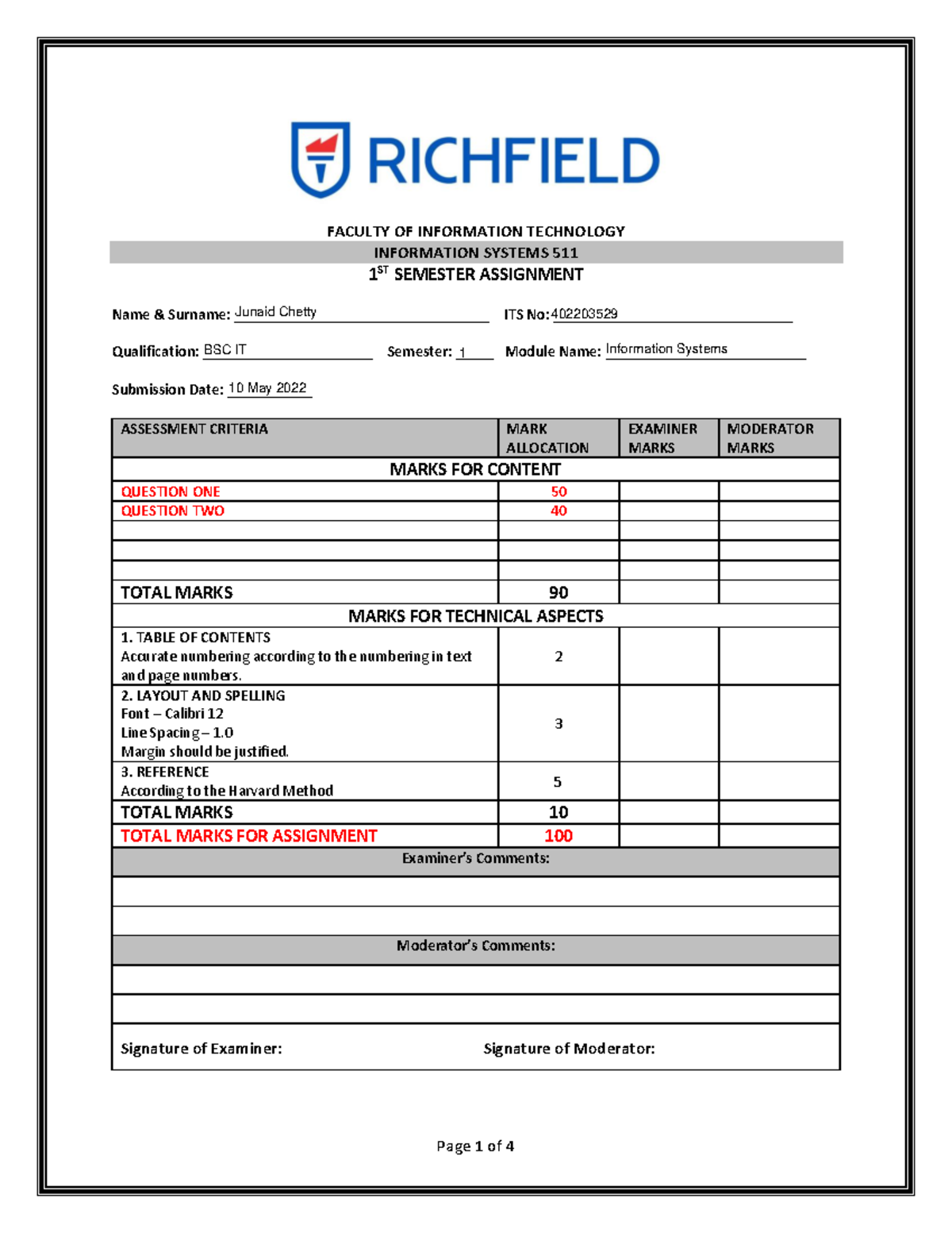 402203529 Information Systems 2 - Page 1 of 4 FACULTY OF INFORMATION ...