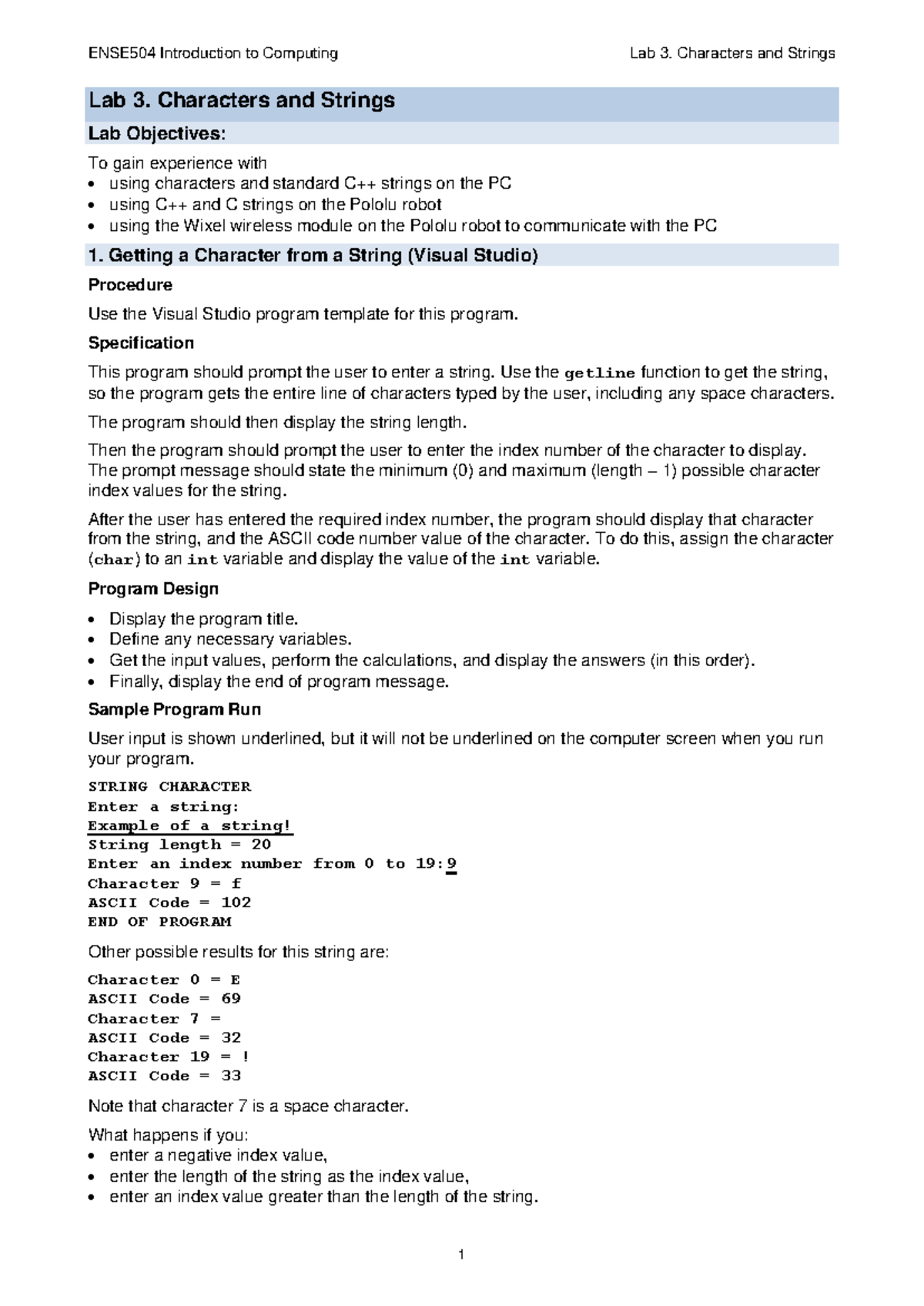 Lab 3 Intro to Computing 2018 - ENSE504 Introduction to Computing Lab 3 ...