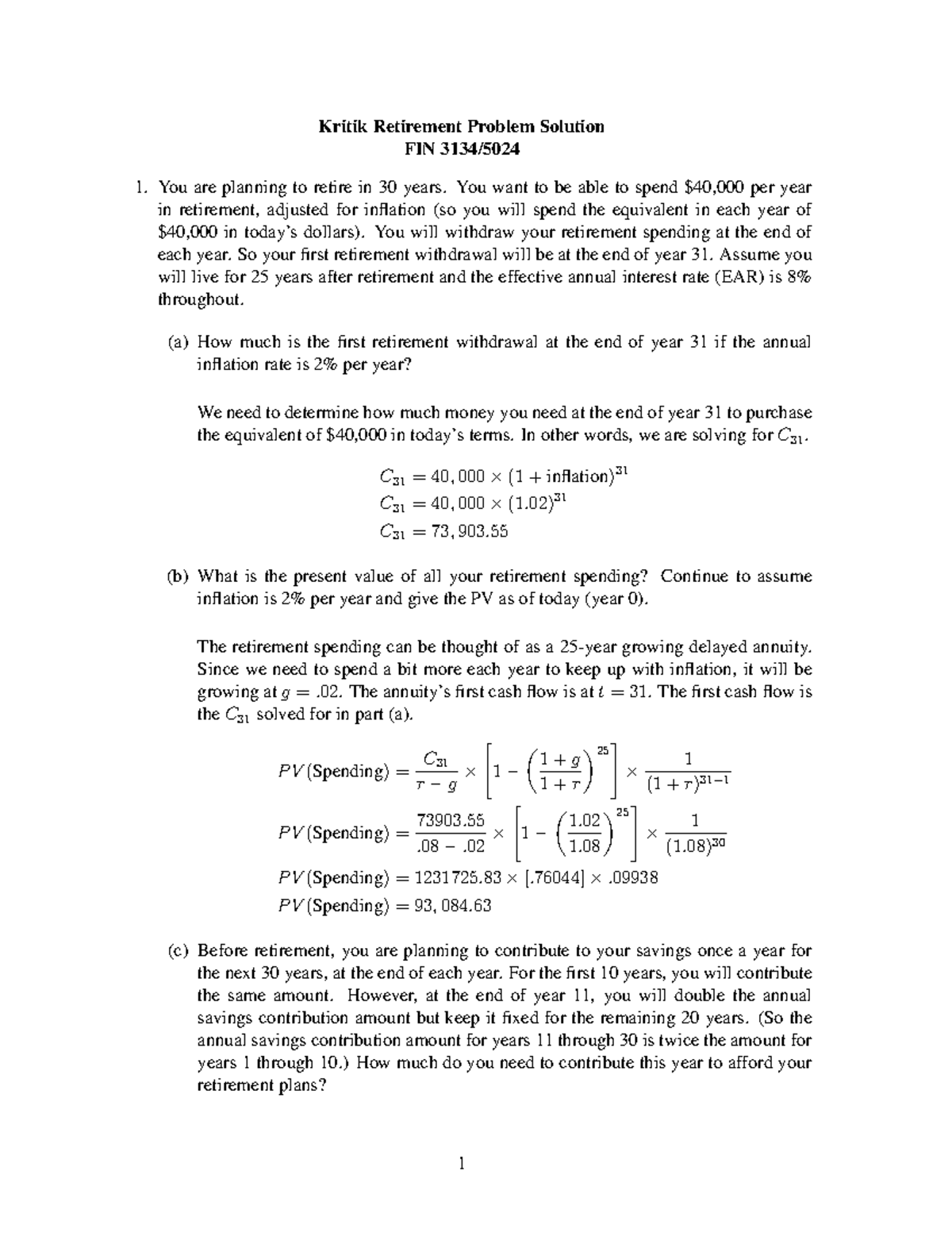 Kritik retprob solution - Kritik Retirement Problem Solution FIN 3134 ...