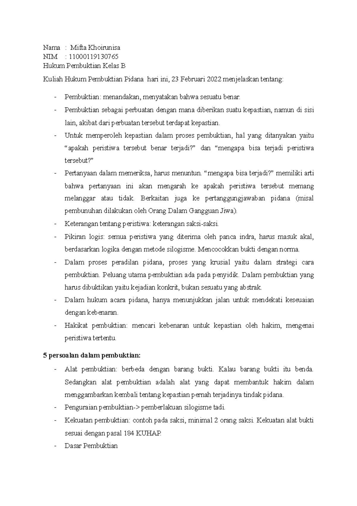 Resume 2 Hukum Pembuktian - Nama : Mifta Khoirunisa NIM ...