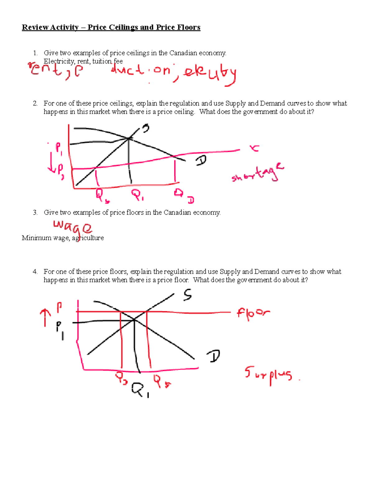 Price Ceilings and Price Floors Review - Review Activity – Price ...