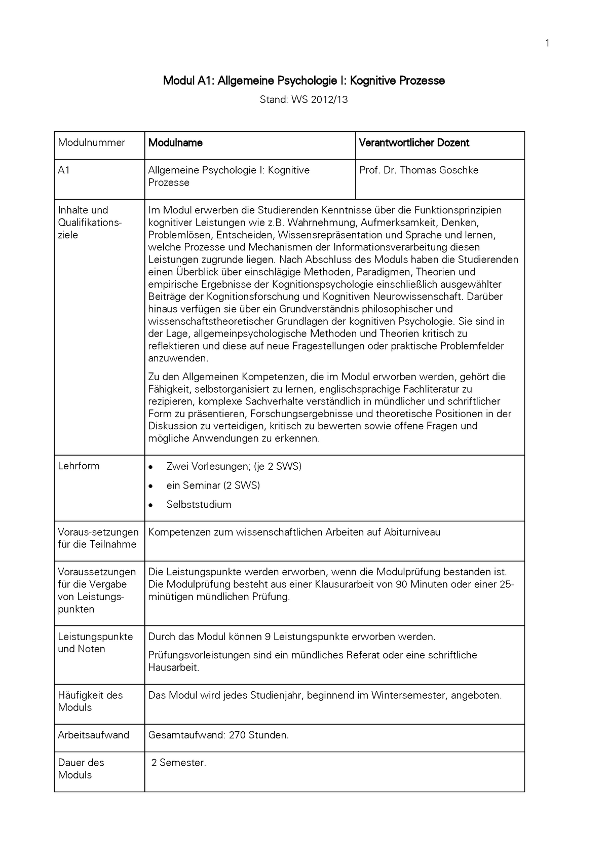 Informationen Zu Modul A1 - 1 Modul A1: Allgemeine Psychologie I 