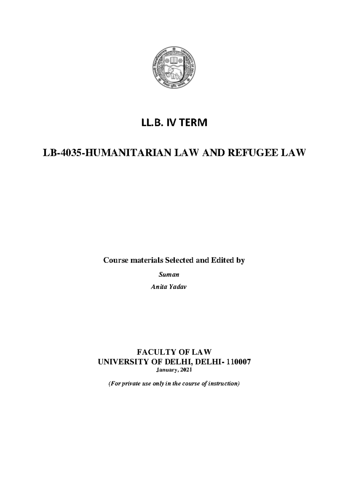 LB-4035-Humanitarian Law and Refugee Law-Contents only - LL. IV TERM LB ...