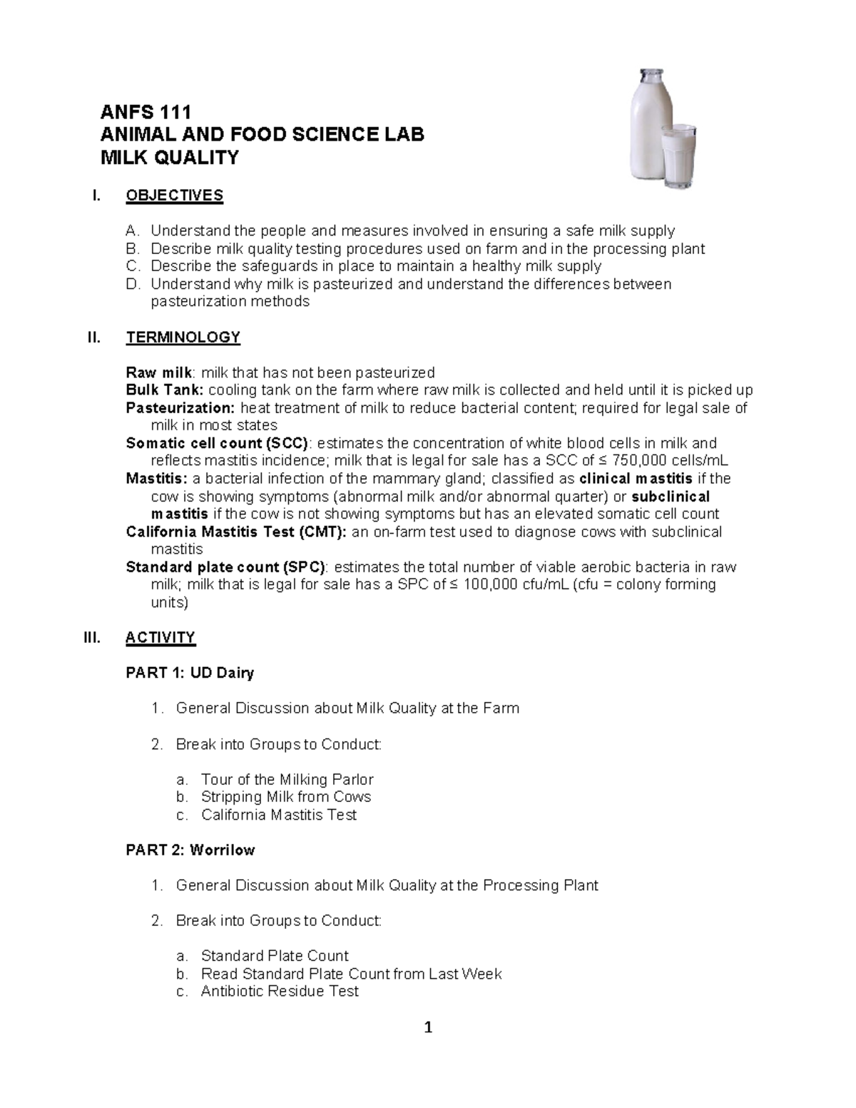Milk quality 2021 ANFS 111 ANIMAL AND FOOD SCIENCE LAB MILK QUALITY I