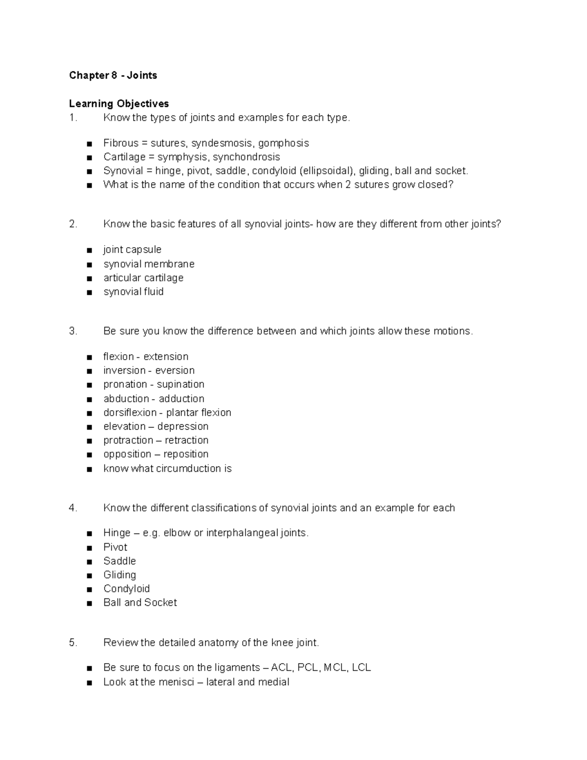 Ch. 8 Anatomy Lecture Notes - Chapter 8 - Joints Learning Objectives ...