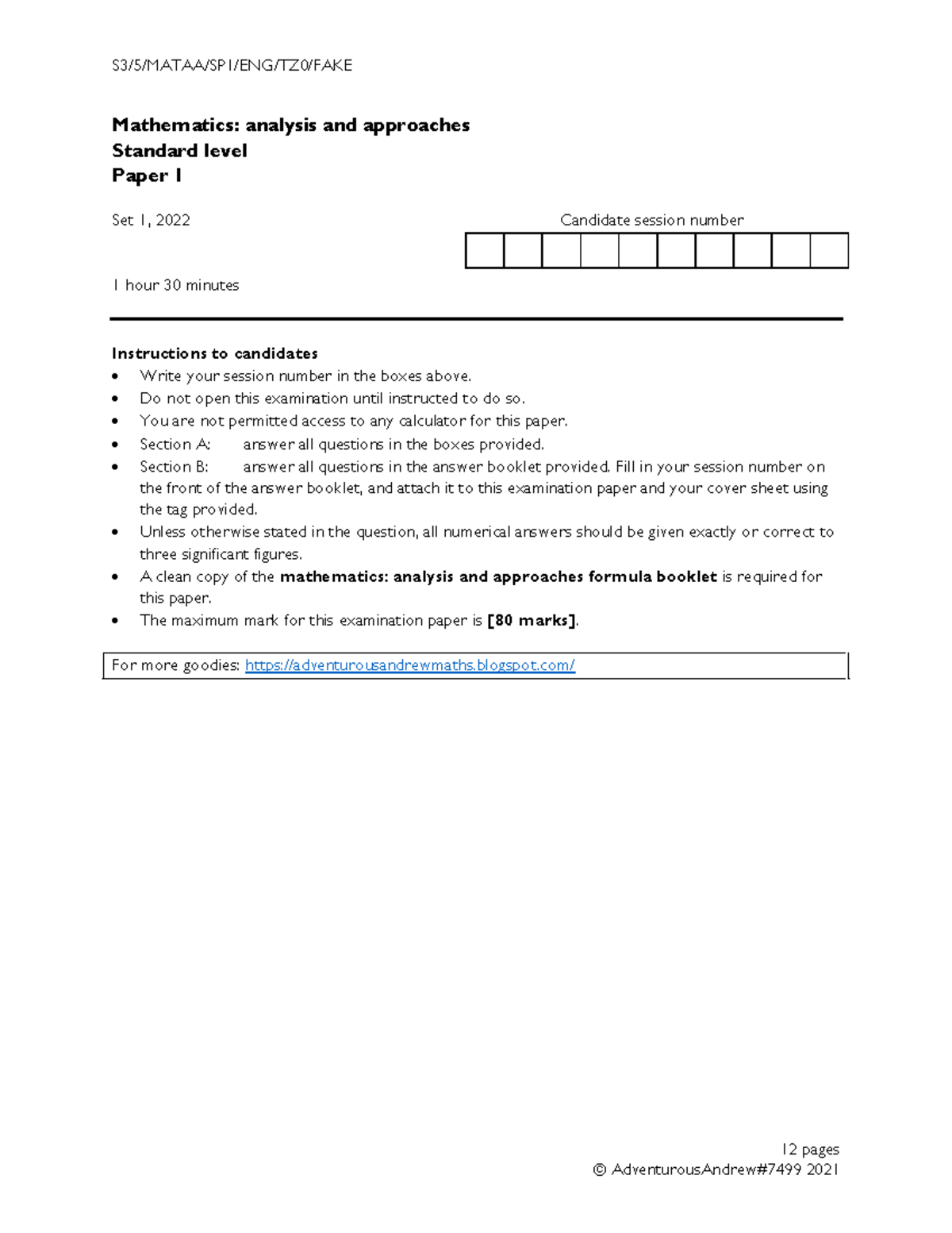 2022 AASL Set A Paper 1 - ib math practcie questions for math1050 - S3 ...