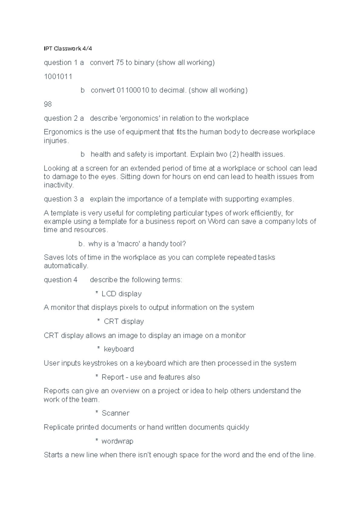 IPT Classwork 4 - (show all working) 98 question 2 a describe ...