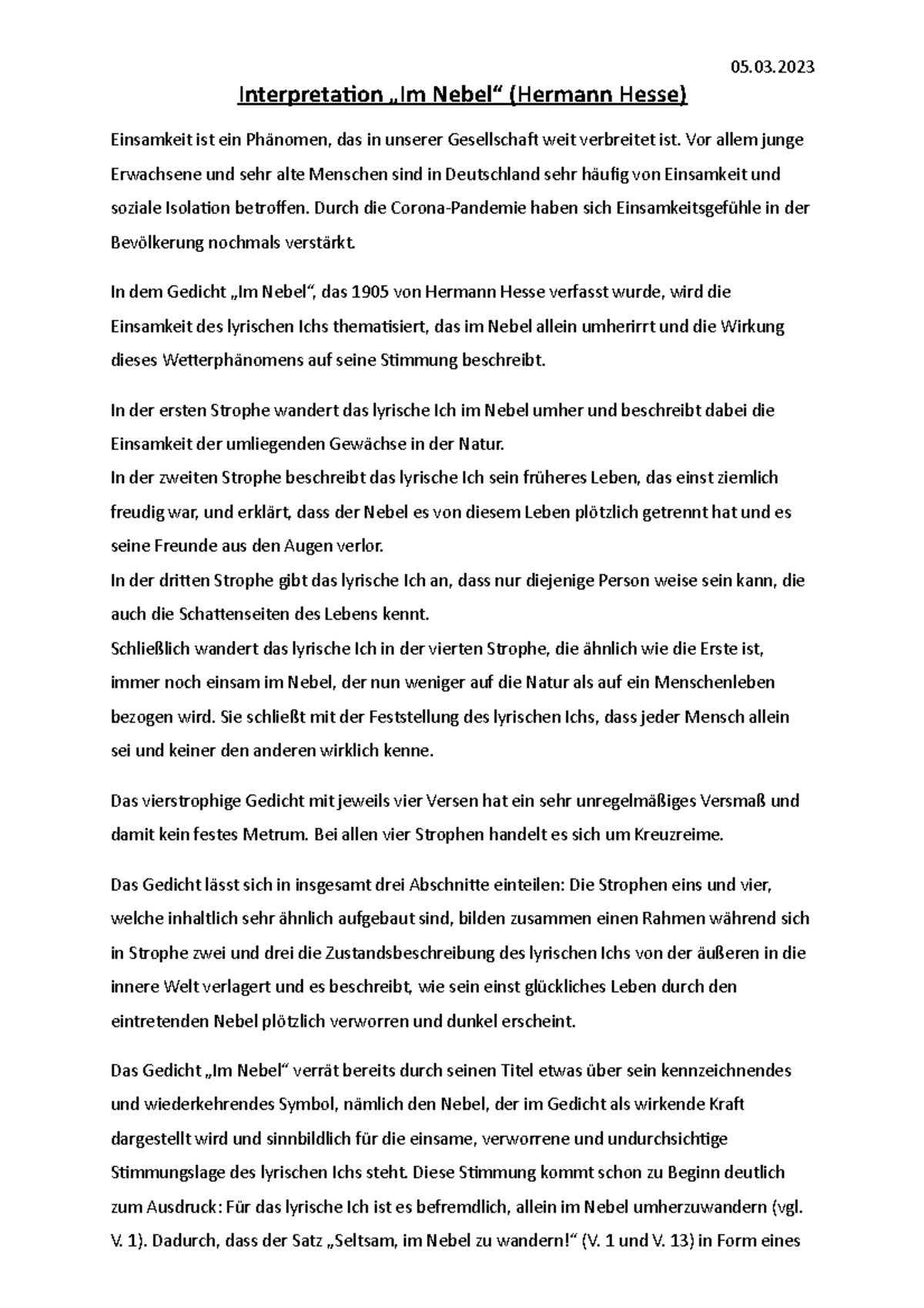 Interpretation Im Nebel Hermann Hesse