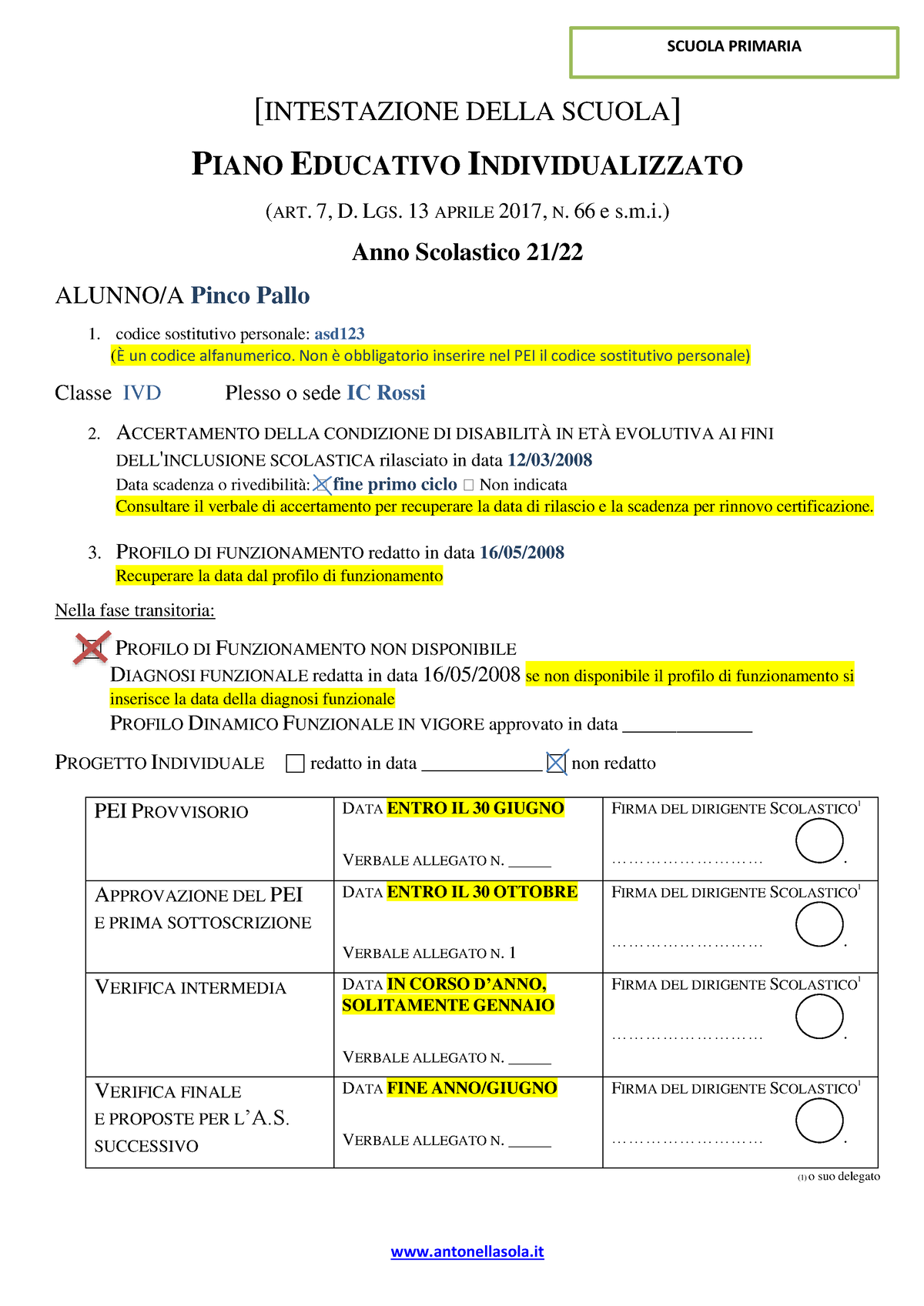 Esempio Pei Primaria Intestazione Della Scuola Piano Educativo Individualizzato Art D