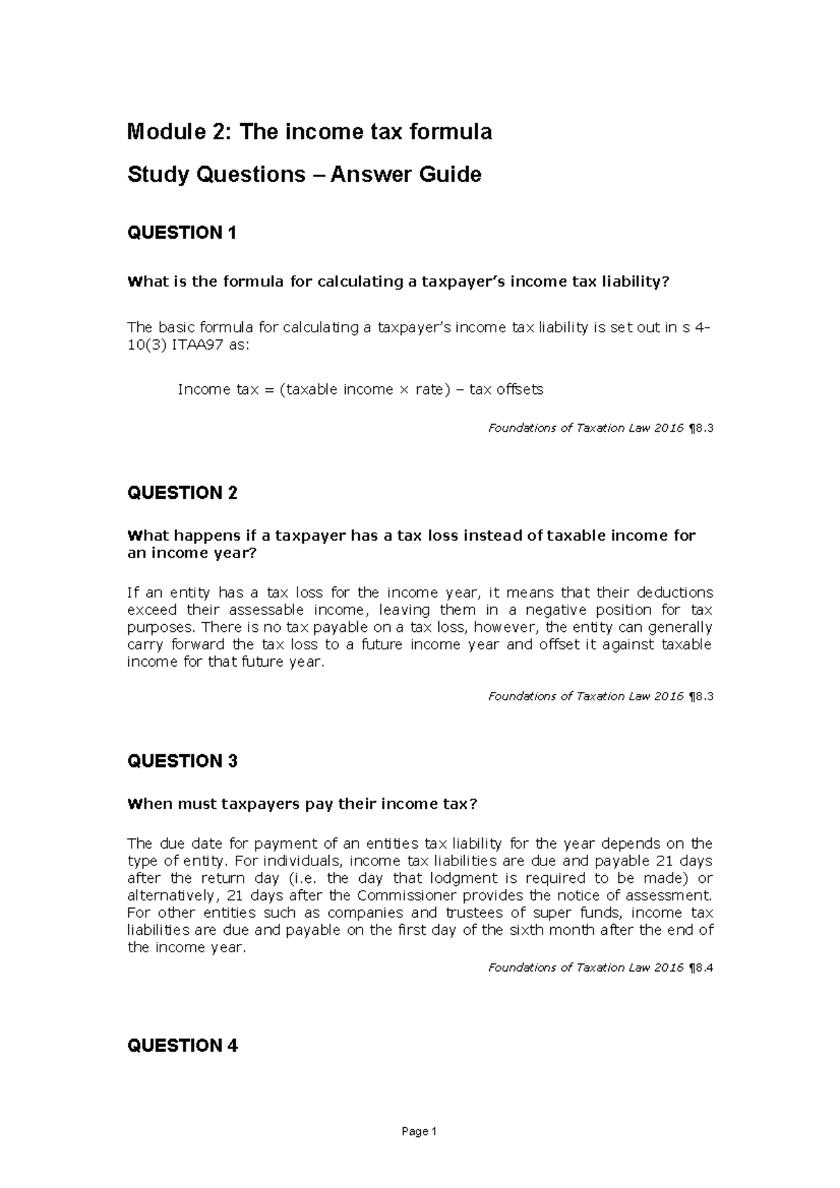 Module 2 - Study Questions - Answer Guide - Module 2: The Income Tax ...