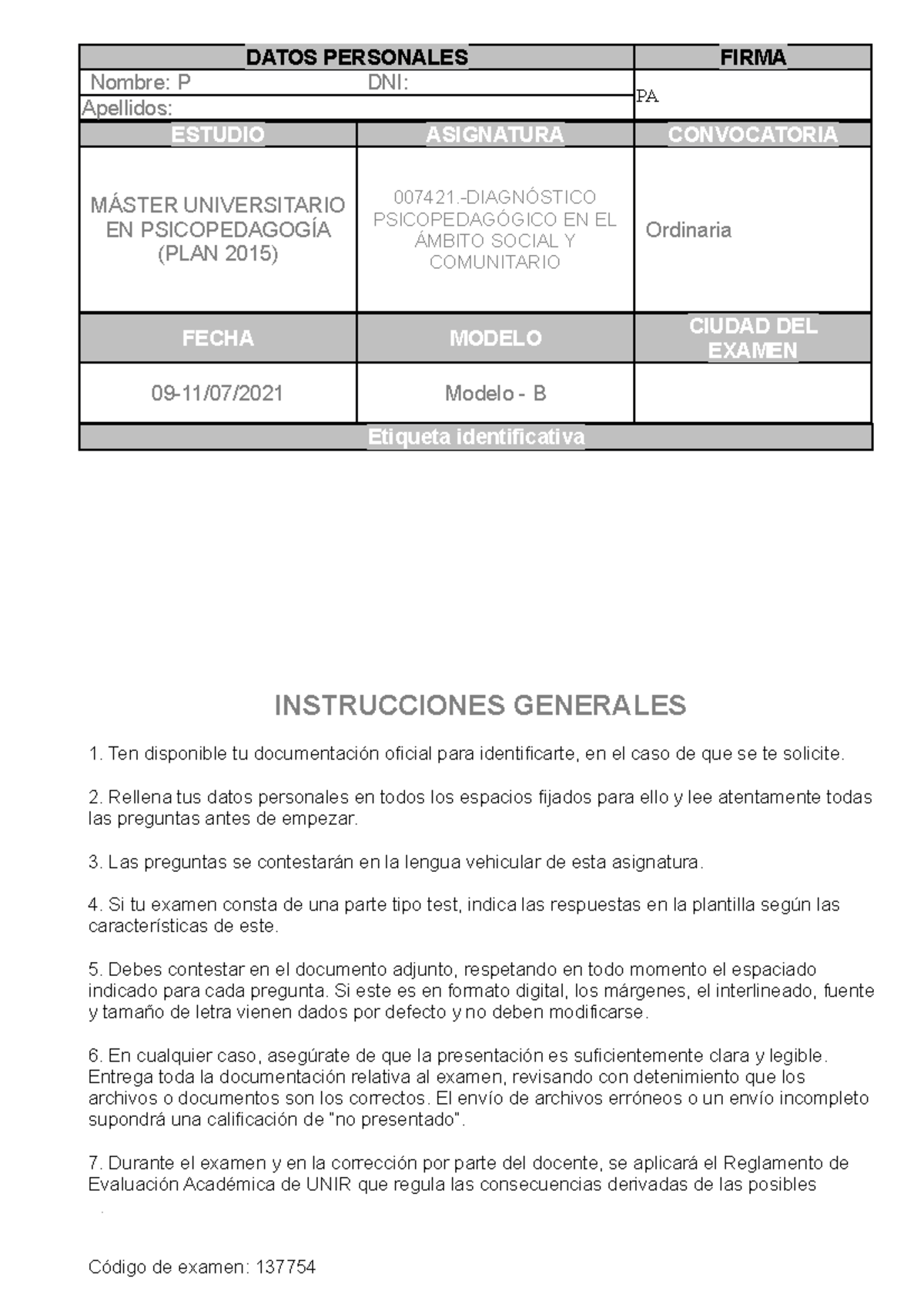 Examendiagnostico - Model Examen - DATOS PERSONALES FIRMA Nombre: P DNI ...