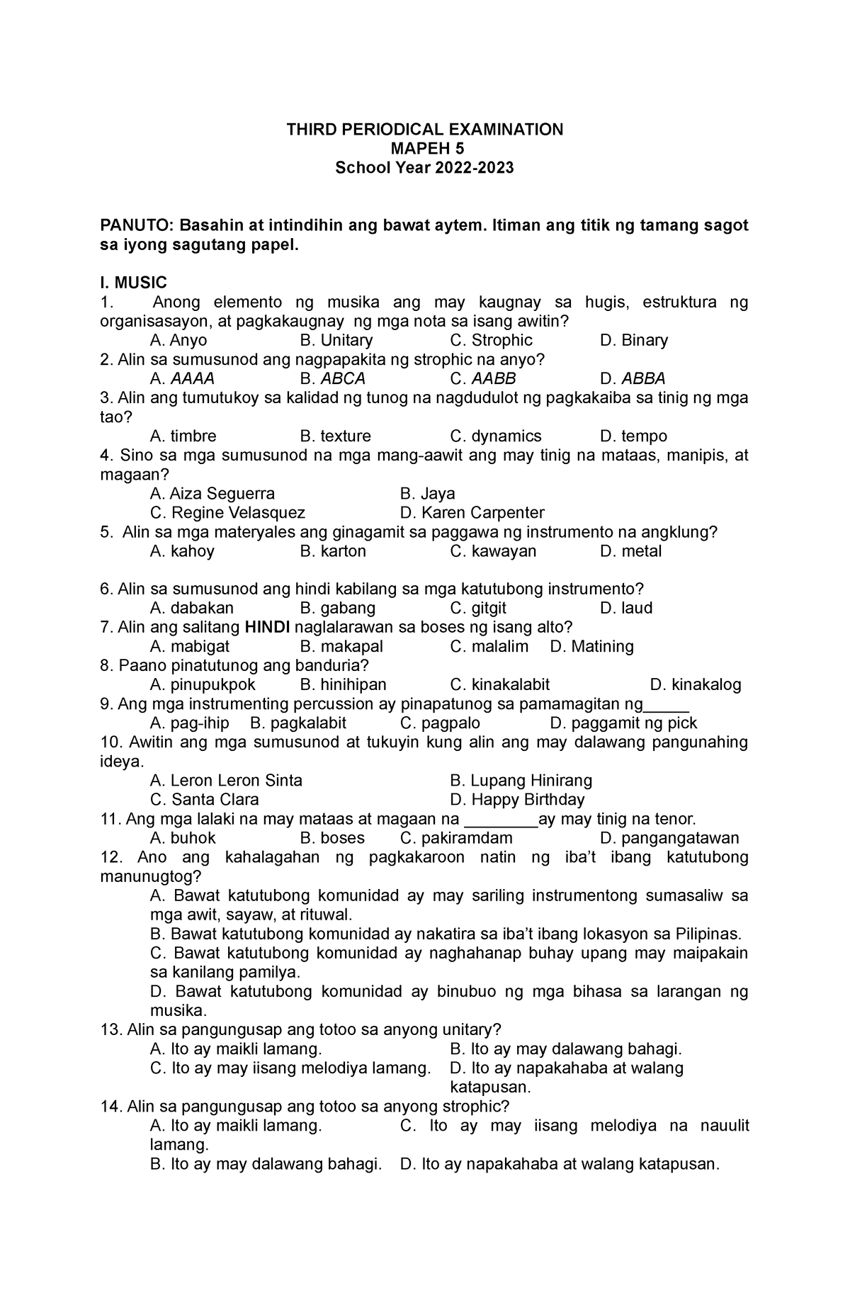 Q3 District Summative Test In Mapeh 5 - THIRD PERIODICAL EXAMINATION ...