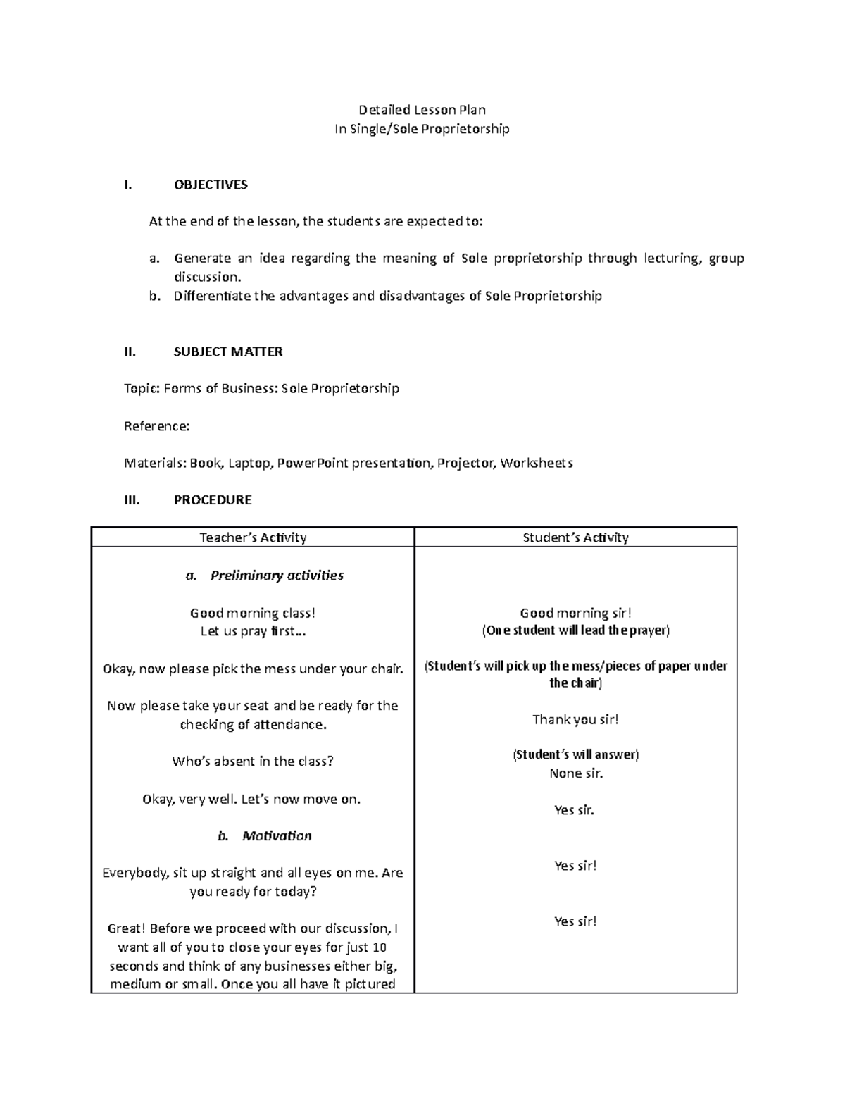 Detailed Lesson Plan in Sole Proprietorship - Detailed Lesson Plan In ...