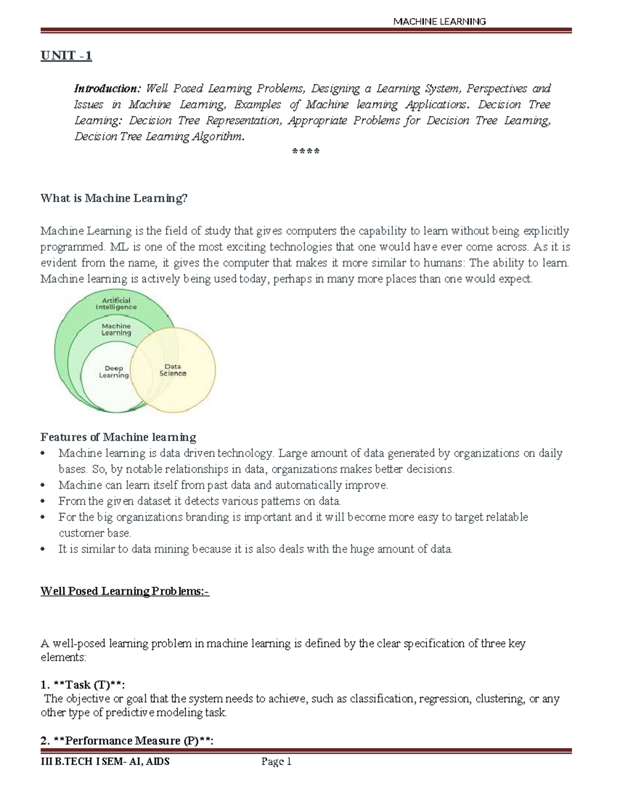 Machine learning material - UNIT - Introduction: Well Posed Learning ...