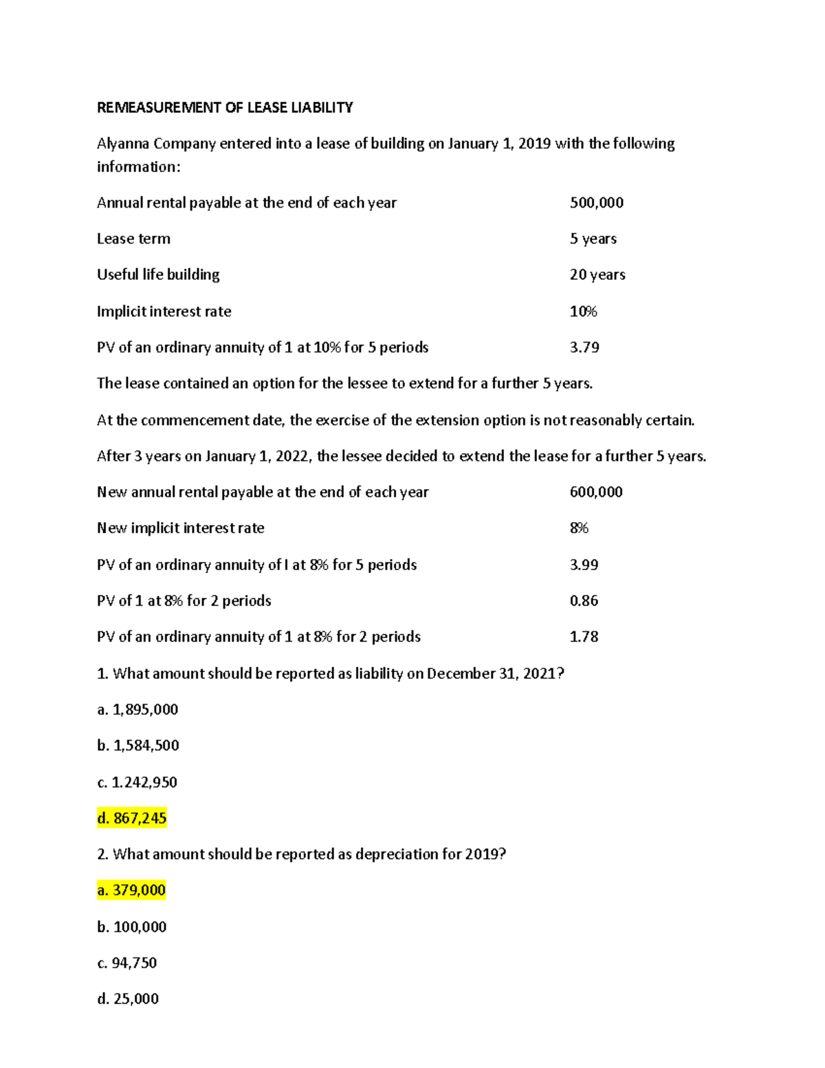 Remeasurement OF Lease Liability Problem 1-3 - REMEASUREMENT OF LEASE ...