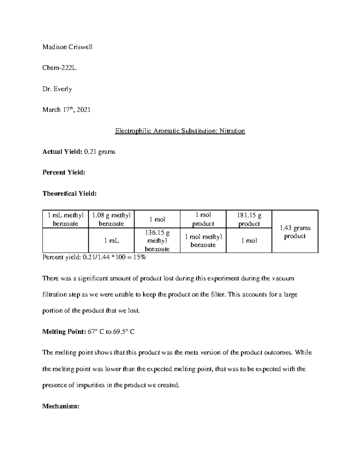 Nitration Lab report Madison Criswell Chem222L Dr. Everly March 17th